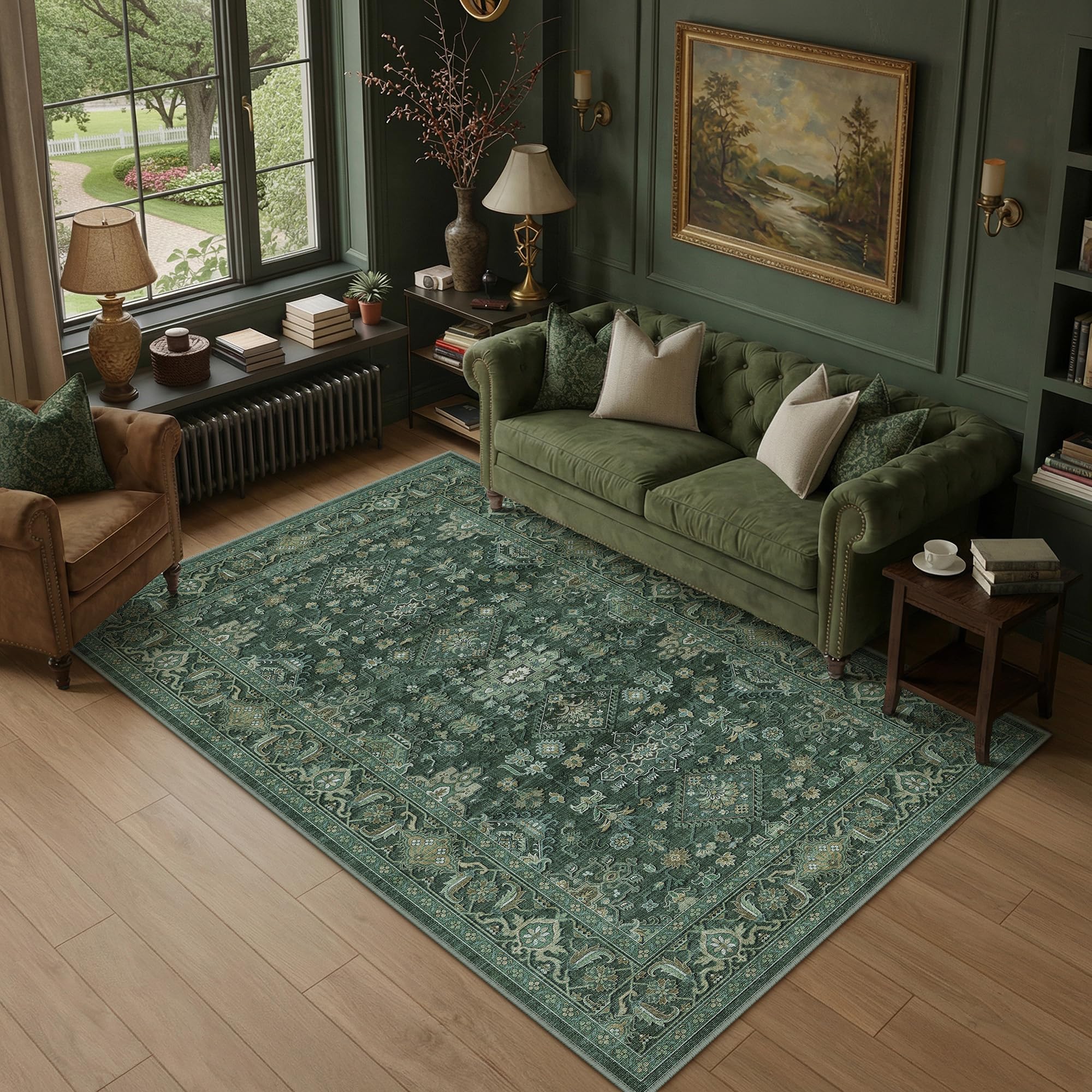 PureCozy Vintage Teppich Wohnzimmer 120x170cm Grün Schlafzimmer Wohnzimmerteppich Waschbarer Carpet Weich rutschfest Teppiche Esszimmer Büro Kurzflor Groß Tepich Carpets Rug