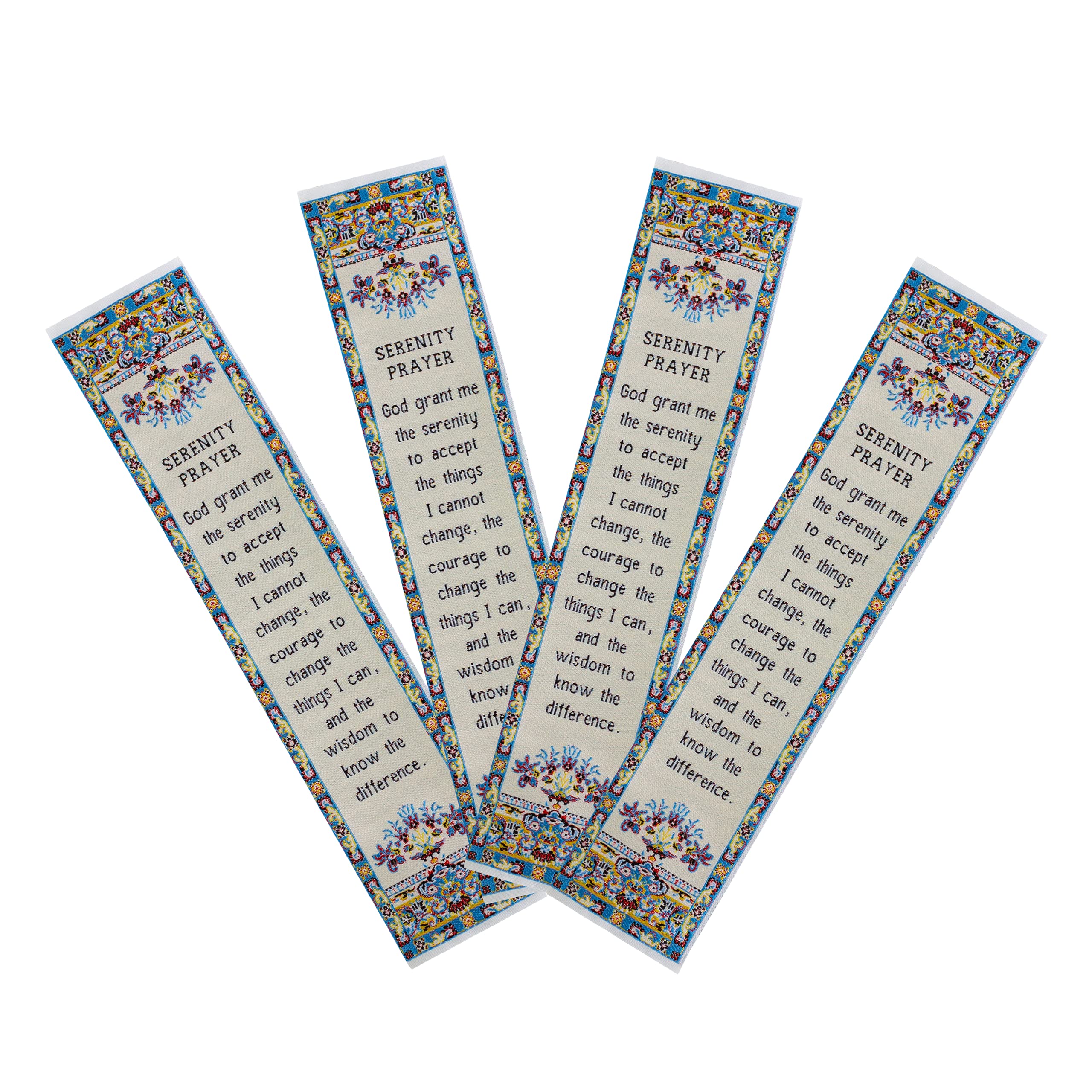 Serenity Prayer, Bulk Pack of 4 Woven Fabric Bible Verse Bookmarks, Silky Soft & Flexible Religious Bookmarkers for Novels Books & Bibles, Memory Verse Gift, Traditional Turkish Woven Design