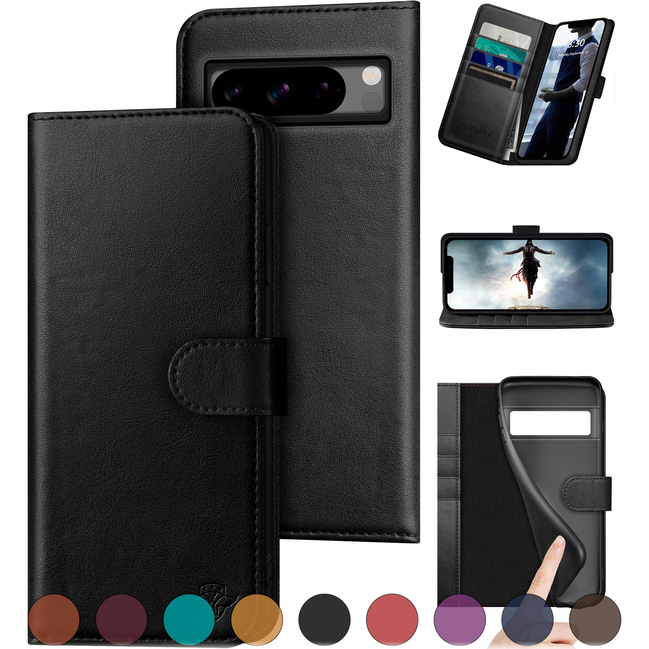 DuckSky for Google Pixel 8 Pro Genuine Leather Wallet case 【RFID Blocking】【4 Credit Card Holder】【Real Leather】 Flip Folio Book Phone case Protective