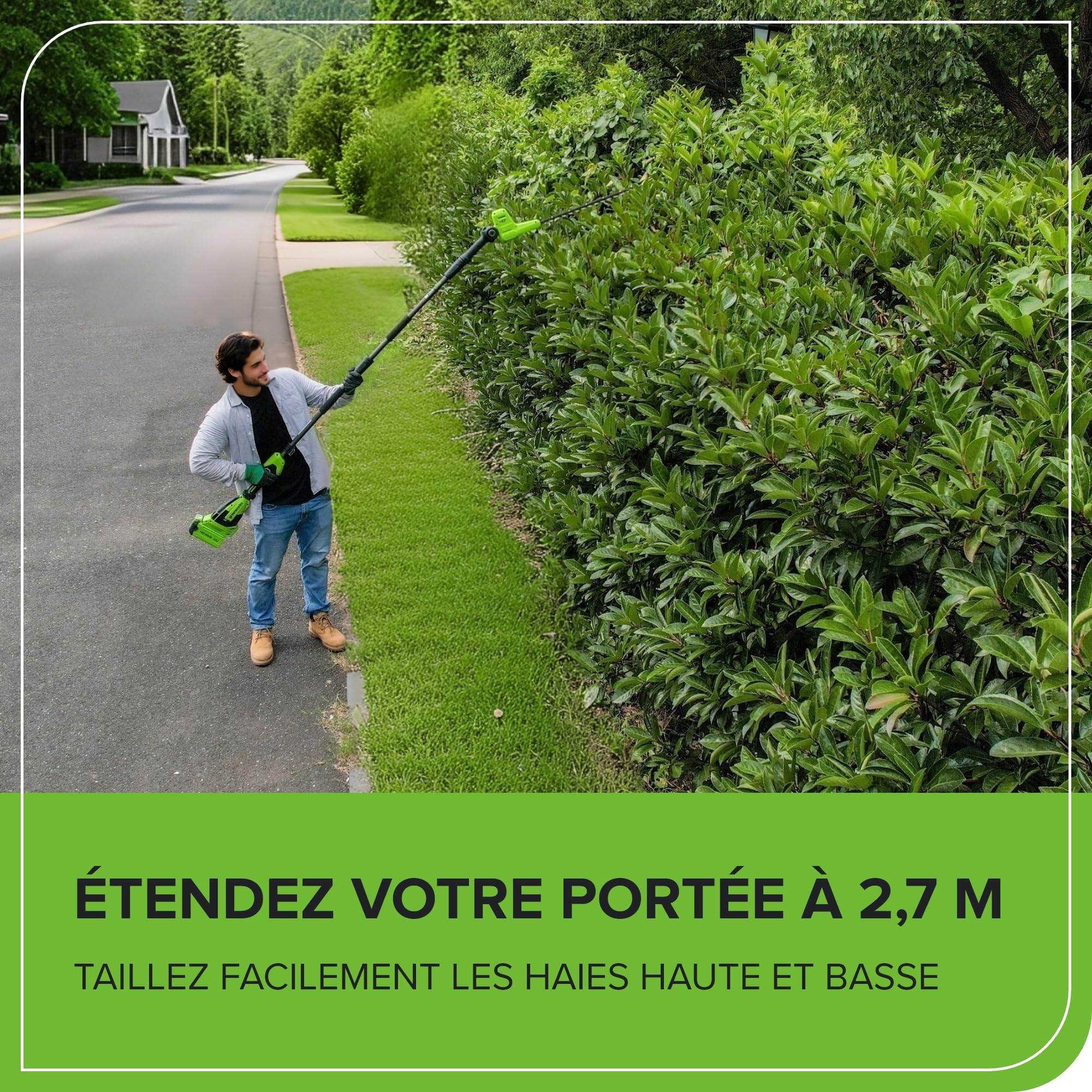 Greenworks 40V Taille-Haie sur Perche, Lames Double Action 51 cm, Coupe jusqu'à 28 mm Épaisseur Branche, Tête Pivotante 112.5°, 3200 TR/Min sans Batterie ni Chargeur, Garantie de 3 Ans PH40B01-01