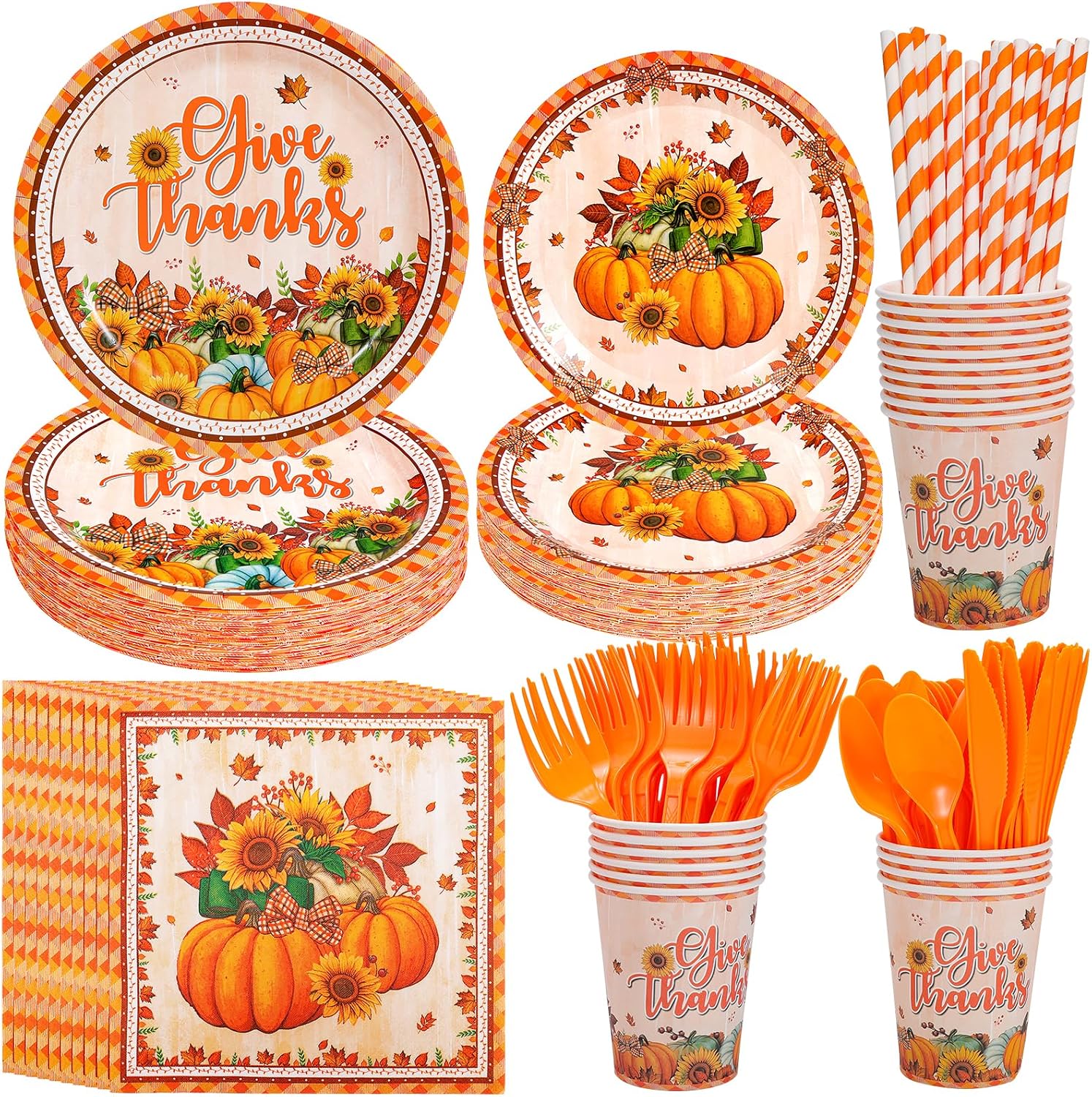 HOWAF Thanksgiving Tableware Set,Give Thanks Party Supplies Dinnerware Set-Paper Plates,Cup,Napkins,Knife,Fork and Straw,Pumpkin Sunflower Fall Dinnerware for 20 Guests