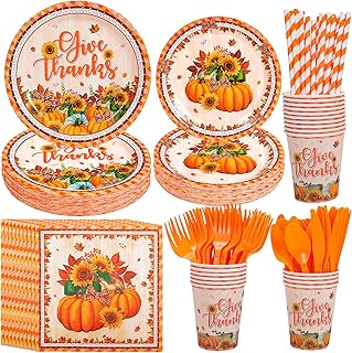 Thanksgiving Tableware Set,Give Thanks Party Supplies Dinnerware Set-Paper Plates,Cup,Napkins,Knife,Fork and Straw,Pumpkin Sunflower Fall Dinnerware for 20 Guests