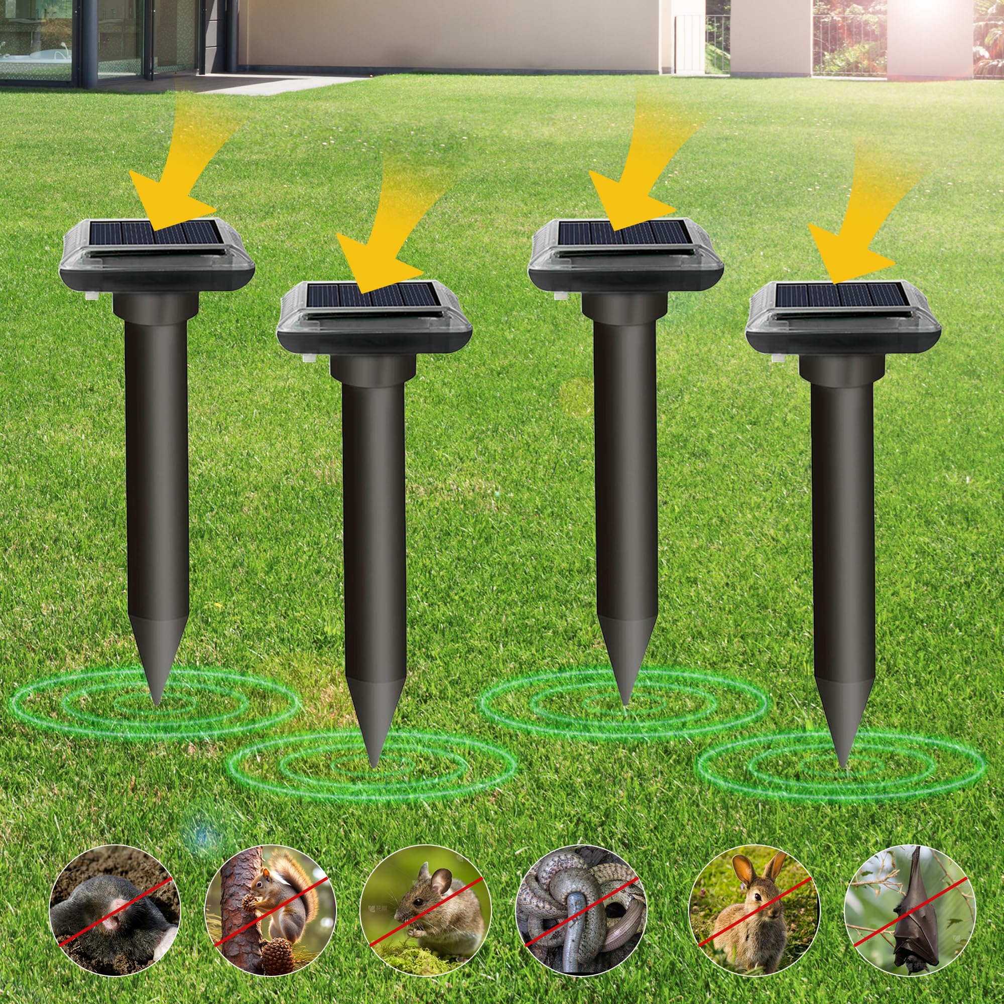 Repelente ultrasónico para Topos, Repelente Solar para Topos 4 Piezas, Impermeable IP66, Cobertura hasta 5000 Sq.FT para Jardín, Granja y Ranchos（Negro）