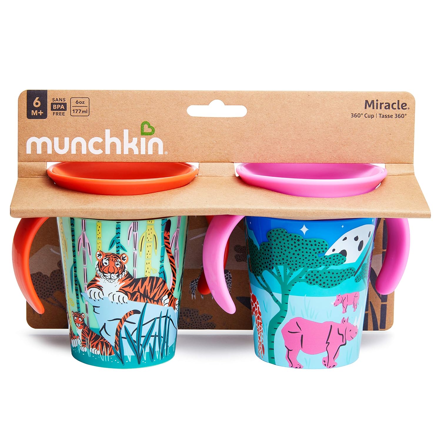 Munchkin® Miracle® 360 Wildlove Trainer Cup, 6 Oz, 2 Pack, Tiger/Rhino