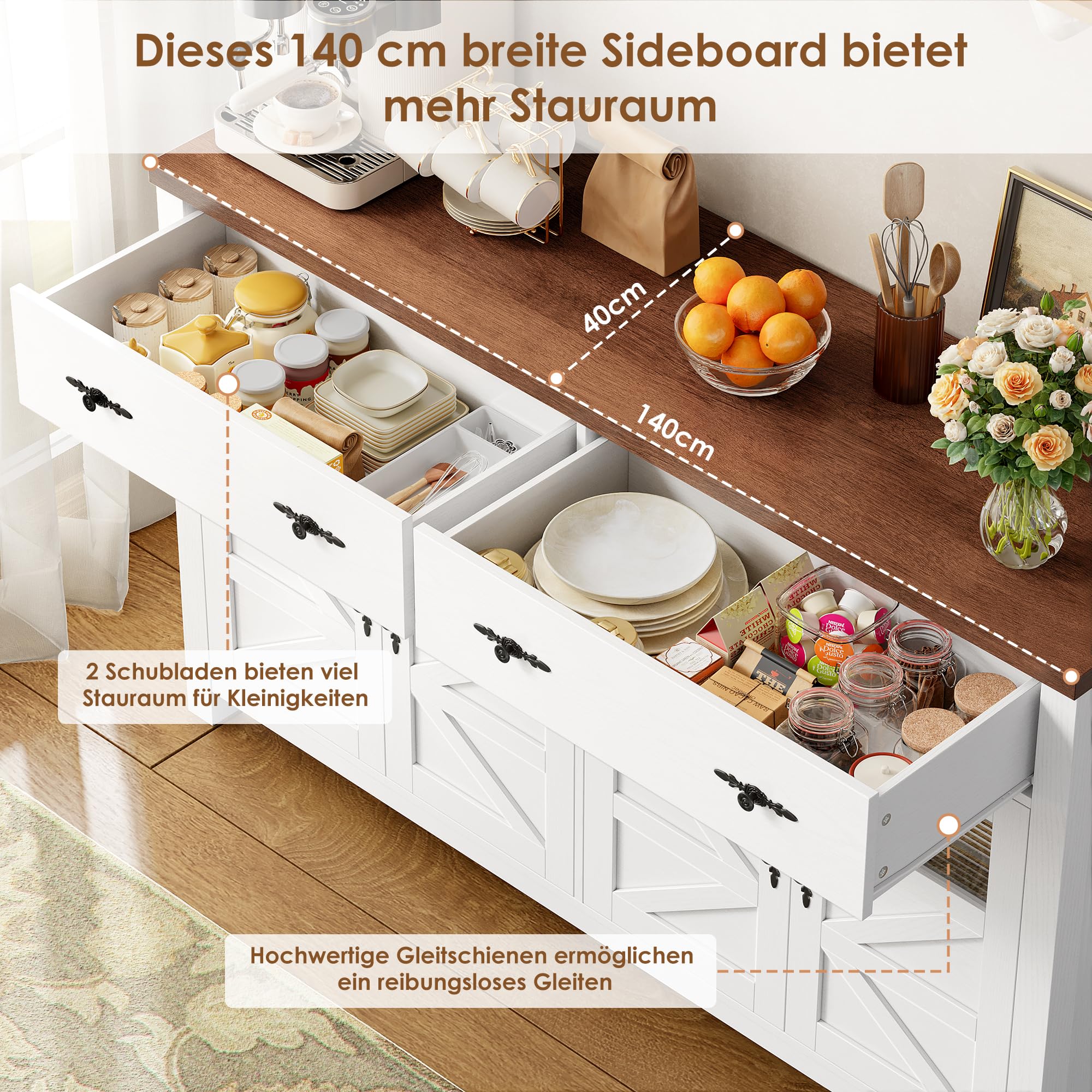 FirFurd Sideboard weiß 140 cm Küchenschrank mit 2 Schubladen 4 Türen | Buffetschrank Küchenbuffet mit Arbeitsplatte, Küchenkommode Vorratsschrank für Wohnzimmer Küche Esszimmer, 140 x 40 x 90 cm