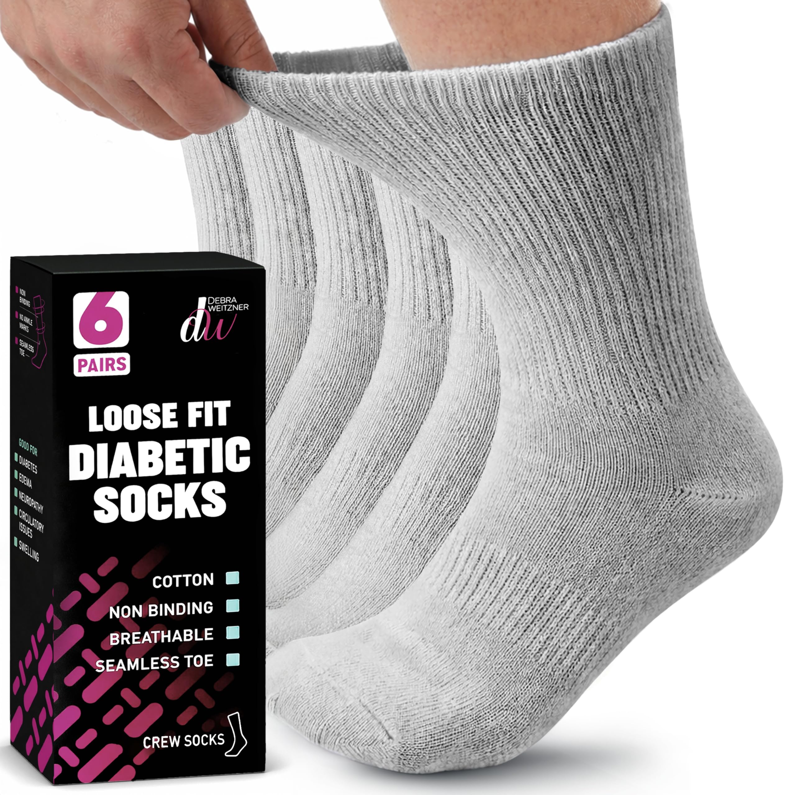 Debra Weitzner Diabetic Socks For Men and Women Loose Fit Non-Binding Cotton Crew Socks 6 Pairs