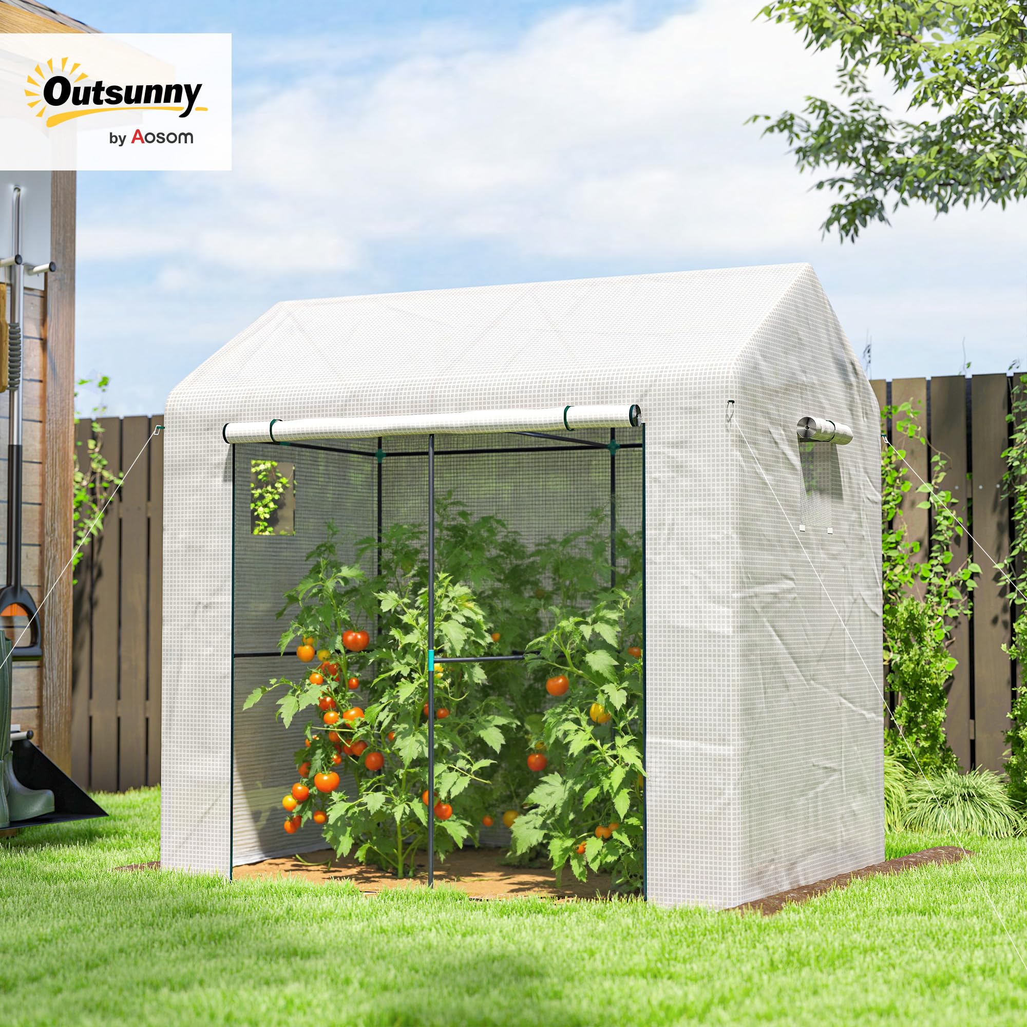 Outsunny begehbares Gewächshaus, Tomatengewächshaus für den Außenbereich, Gewächshaus für den Garten, Anzuchtgewächshaus mit Rolltür und Netzfenstern, PE-Abdeckung, 200 x 140 x 200 cm, weiß | Tomatengewächshaus für den Außenbereich, Gewächshaus für Garten