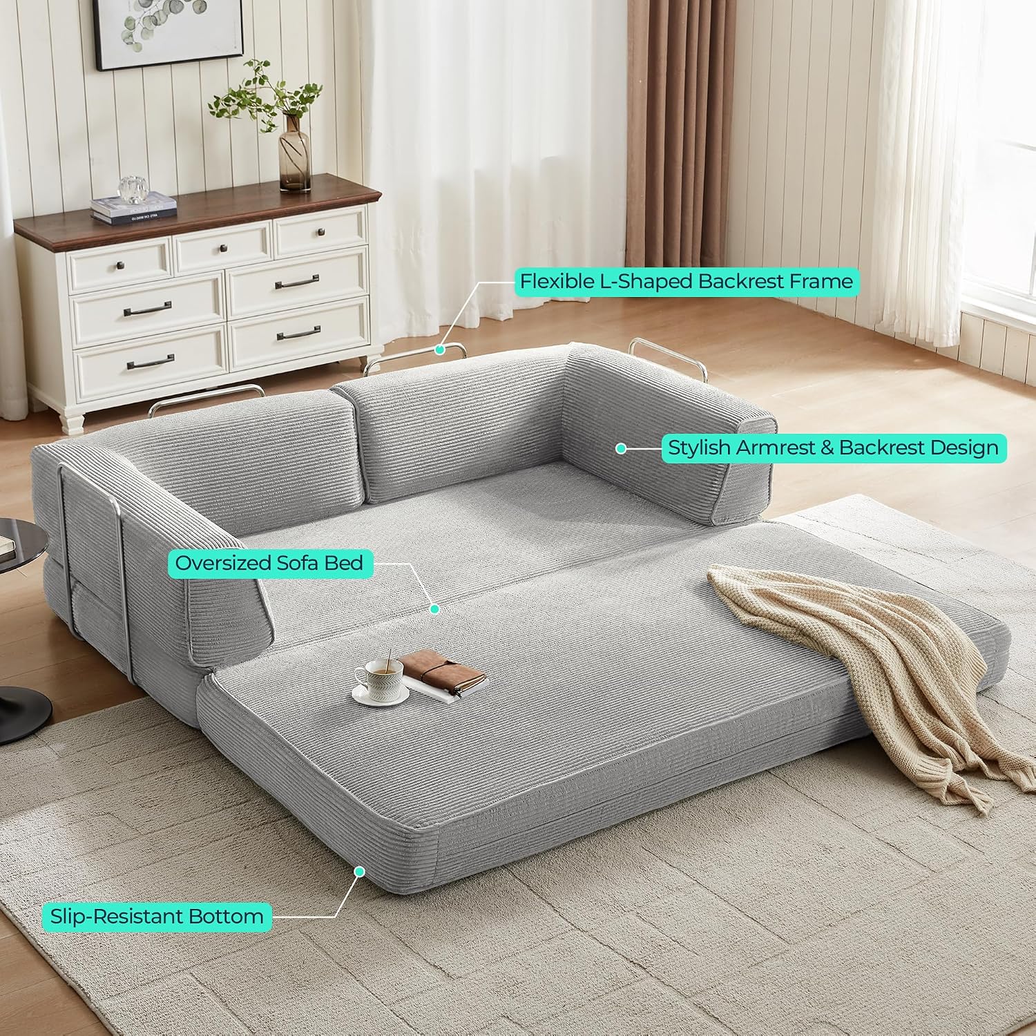 LINSY HOME 79 Convertible Sofa Bed - Foldable Corduroy Couch Grey