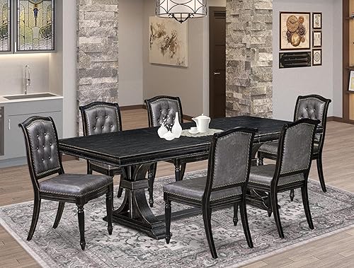 Miniatura 2 de LEMA7-SBB-34-Juego de mesa de comedor de 7 piezas consta de una mesa de cocina y 6 sillas tapizadas de piel sintética gris oscuro con respaldo