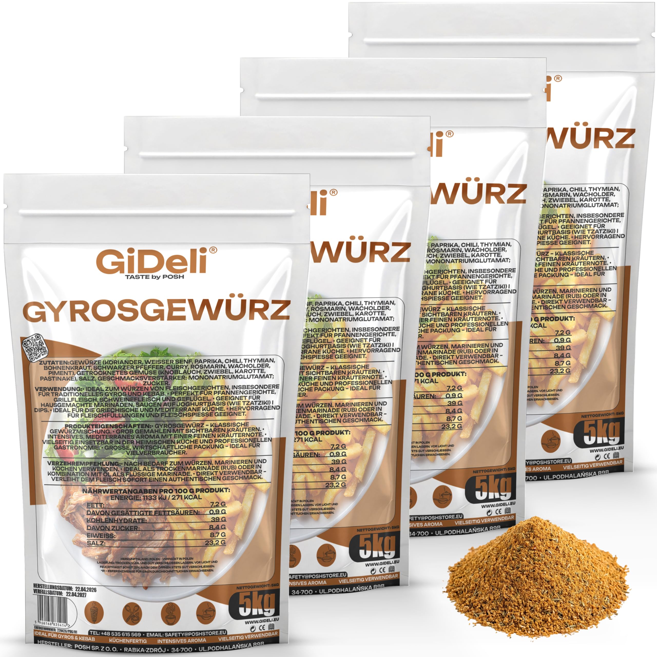 GiDeli Gyrosgewürz 4x5kg - Authentische Griechische Rezeptur mit 11 Gewürzen & Kräutern - Mediterrane Gewürzmischung & Fleischgewürz - Grob Gemahlen & Küchenfertig - Ideal für Grill, Kebab & Marinaden