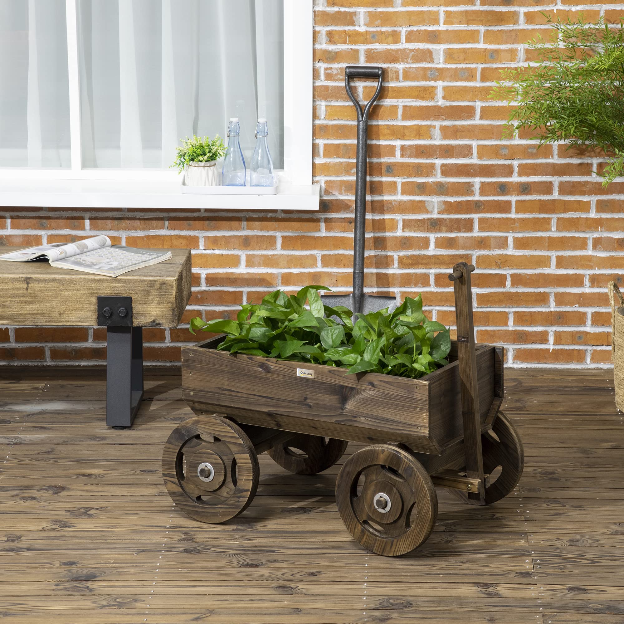 Outsunny Hochbeet im Holzwagen-Design, Blumenkasten Holz, Pflanzenwagen, Pflanzenständer für Garten und Terrasse, bis 50 kg belastbar, Verkohlt, 127 x 53 x 58 cm