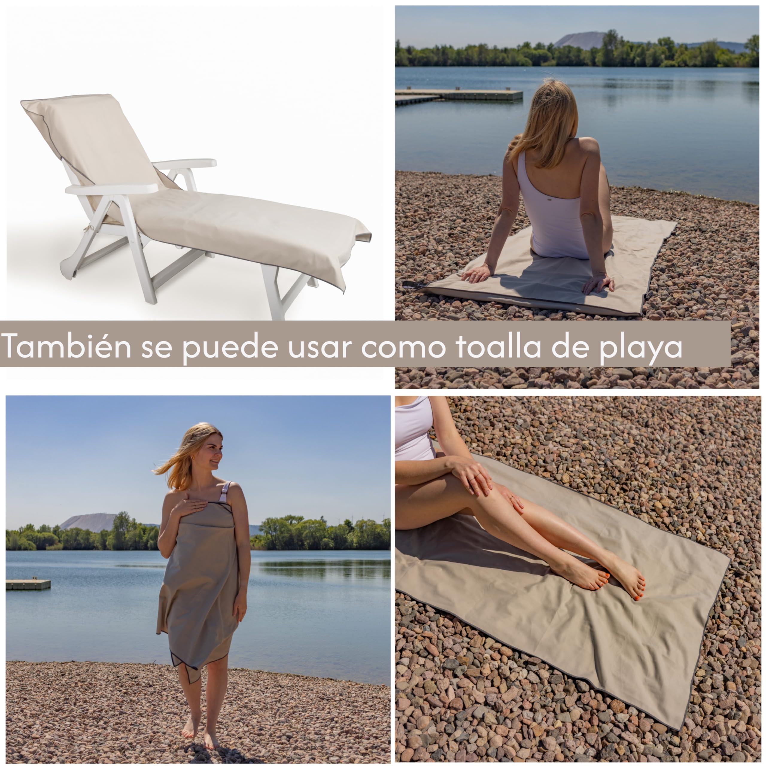 Lot de 2 toallas para tumbona - 200 x 75 cm - Con capucha - De microfibra - Peso ligero - Para tumbona de jardín - Con funda - Funda de tumbona de playa (beige, 2)