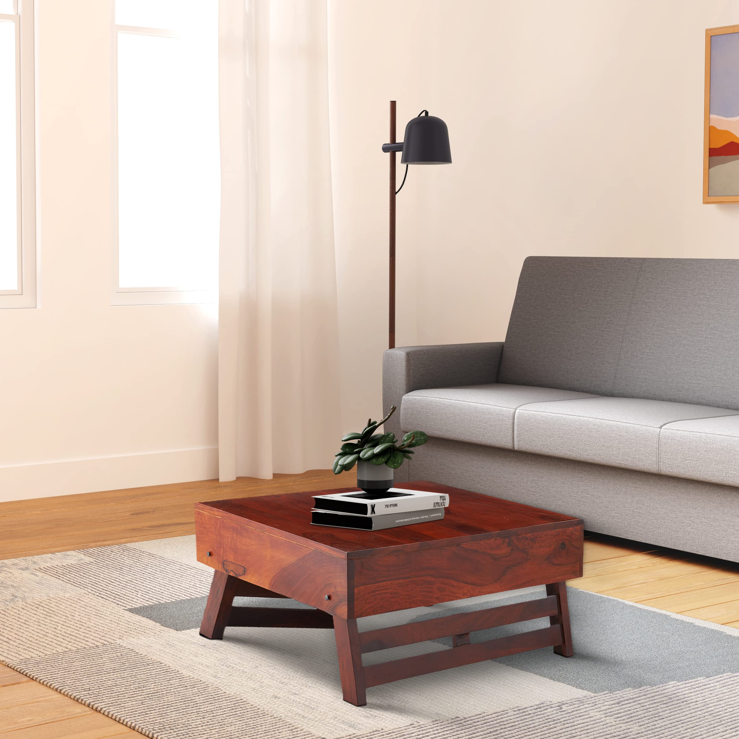 Amazon Brand - Solimo Culter Square Coffee Table with Foldable Legs (Solid Sheesham Wood, Honey Finish)