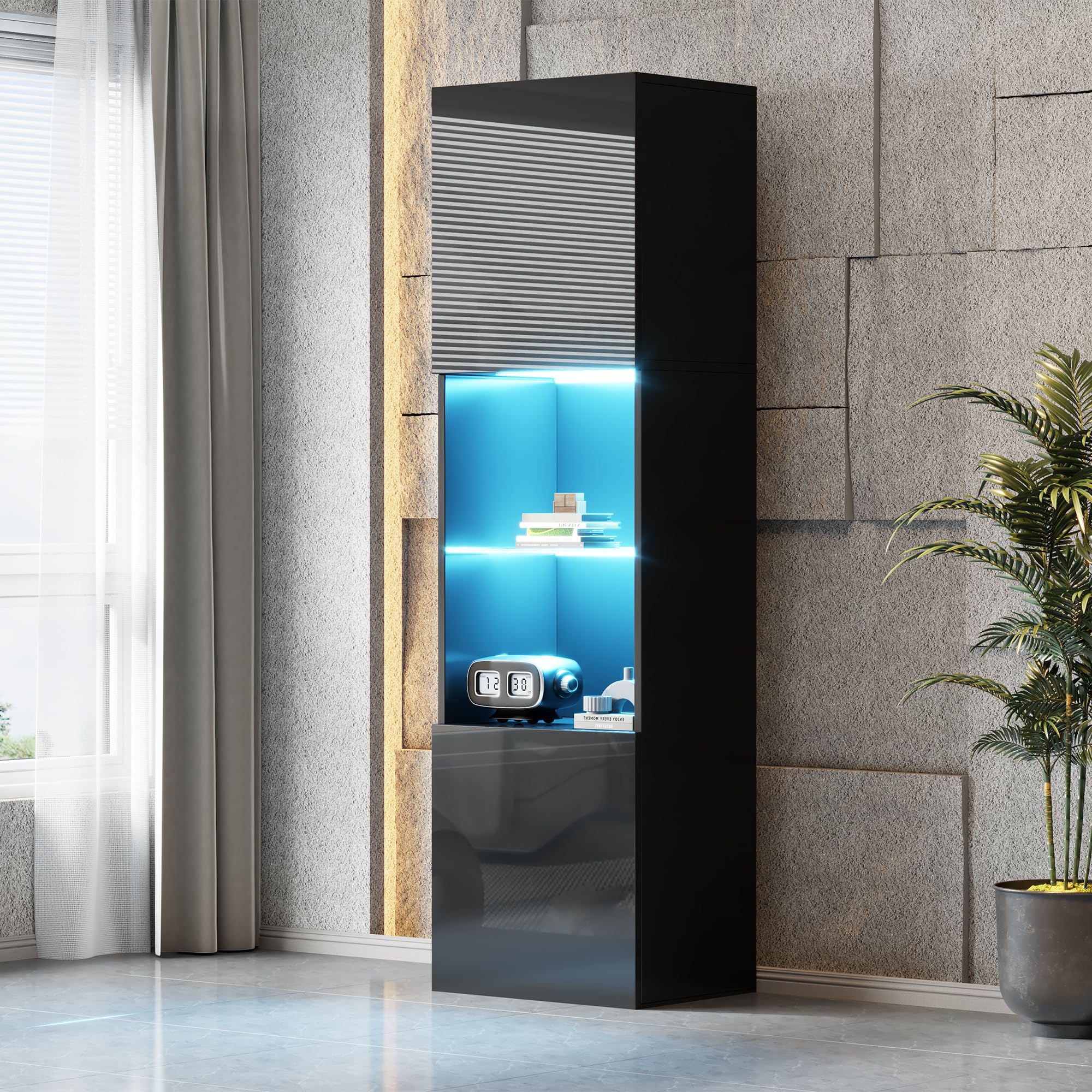 Vitrina Expositora para Colecciones con luz, vitrina de Cristal con Puerta 160x45x35cm LED de 16 colores y 4 modo dinámicos Muebles Vitrinas de Salon de Cristal con Estante Armario de Libros(A, Negro)