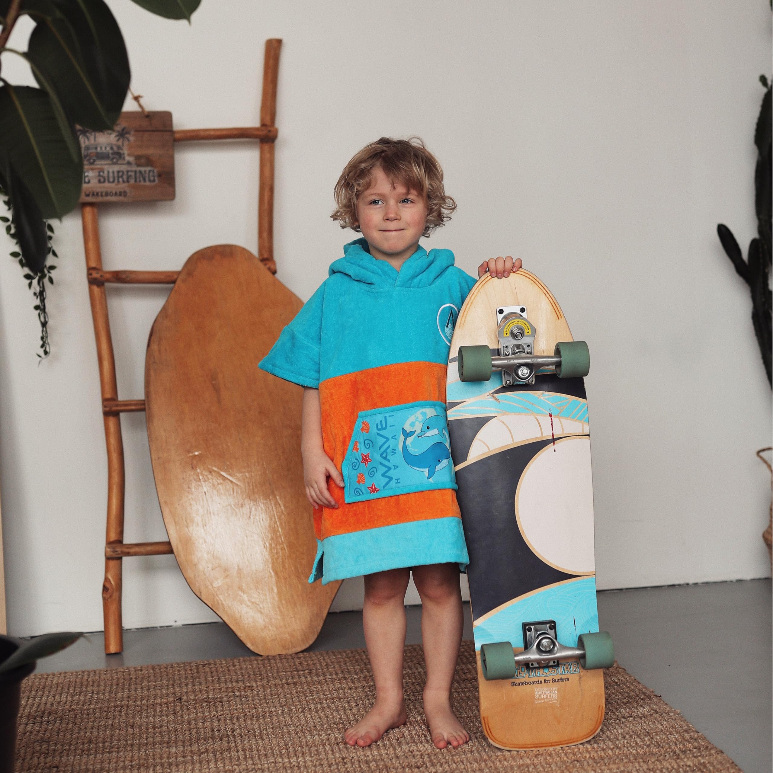 WAVE HAWAII Poncho surfingowy i plażowy dla dzieci, rozmiar XS, 121-150 cm | Poncho surfingowe dla dorosłych z bawełny 95–100%, chłonny ręcznik frotte, poncho do przebierania, na plażę