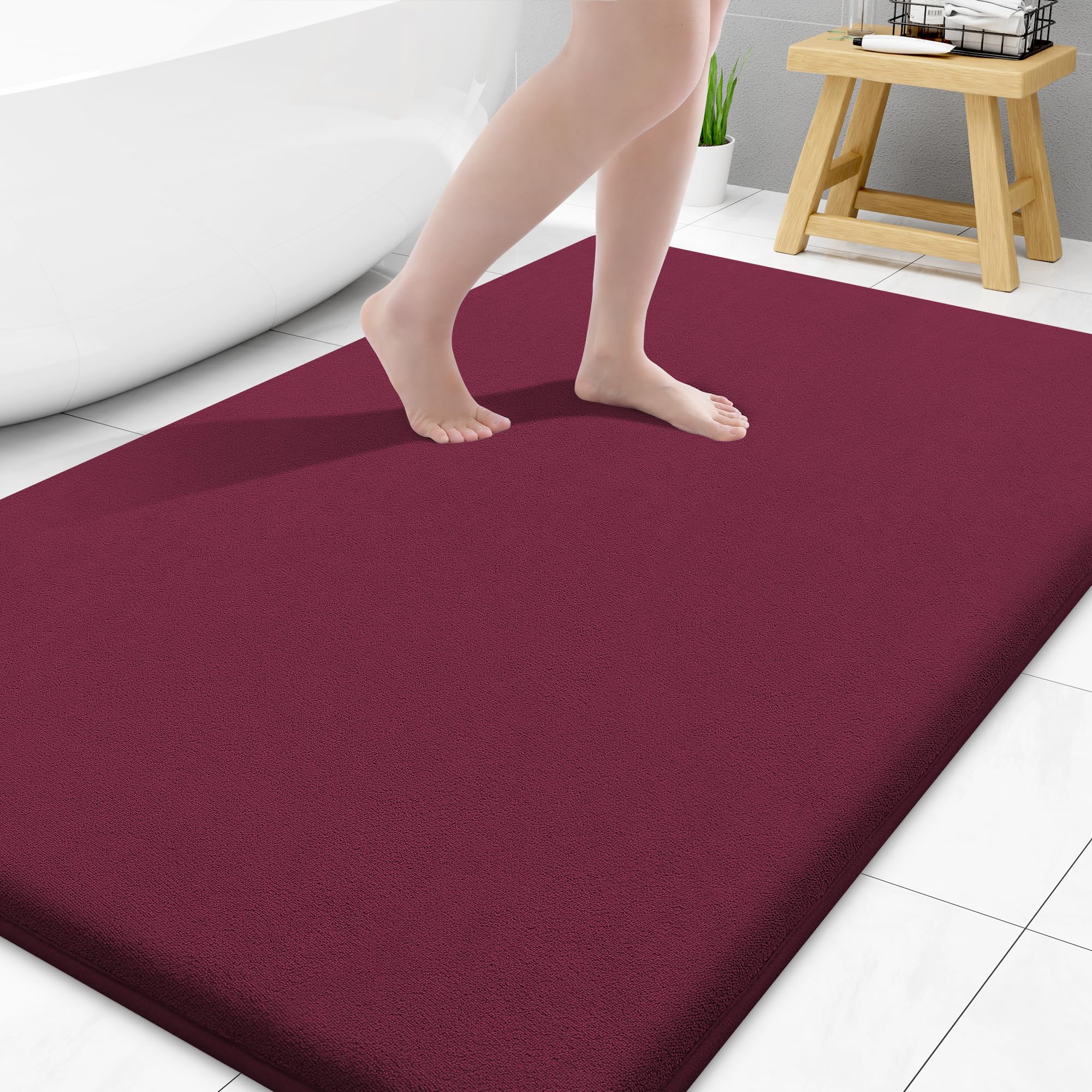 Smiry Memory Foam Bath Mat 47x32, Extra Soft and Absorbent Bathroom Mats, Non Slip Washable Carpet for Floor, Shower and Tub, Burgundy