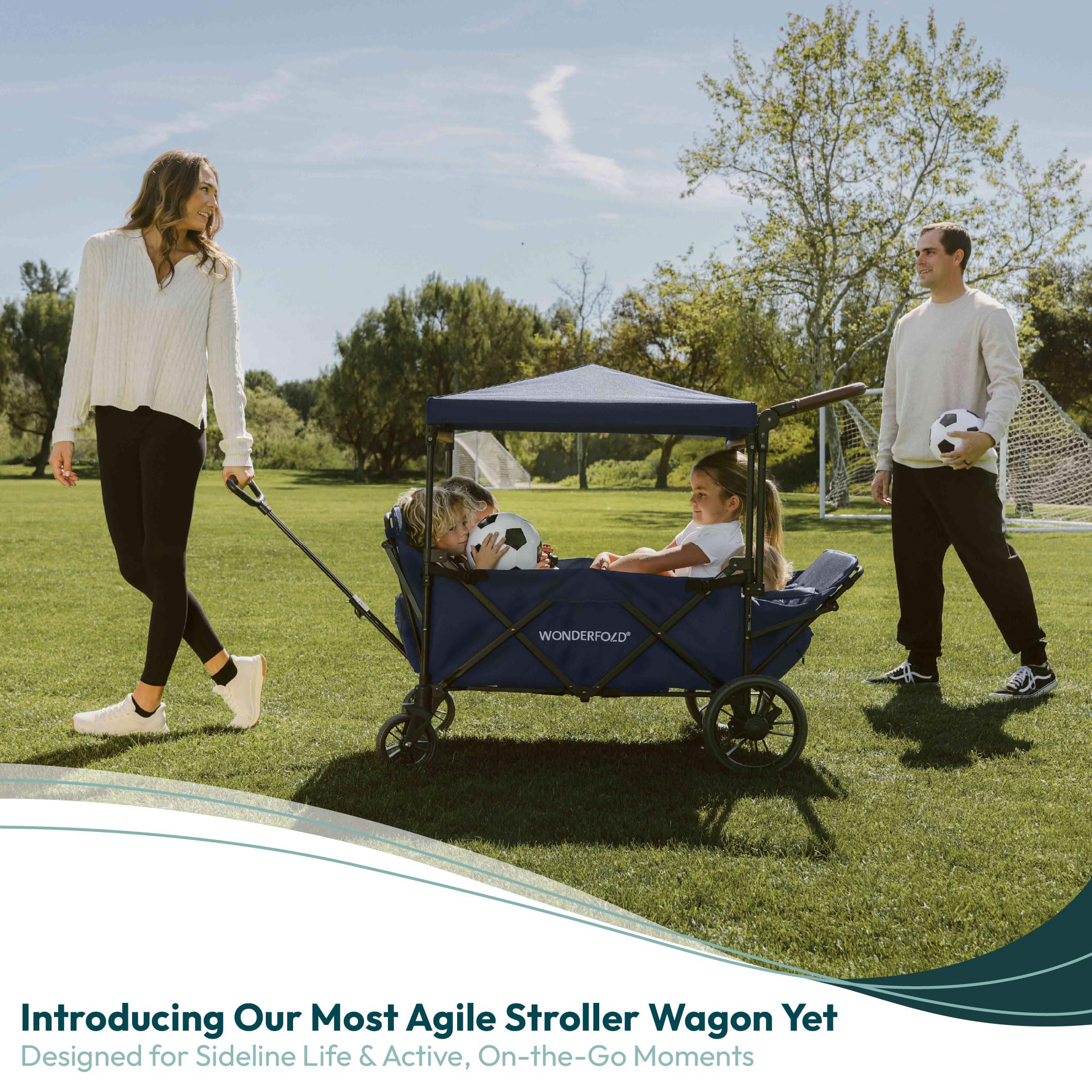 WONDERFOLD X4R Rev Passeggino Wagon (4 posti) – Passeggino pieghevole con cinture di sicurezza a 5 punti, sedili reclinabili e vano piedi, nero