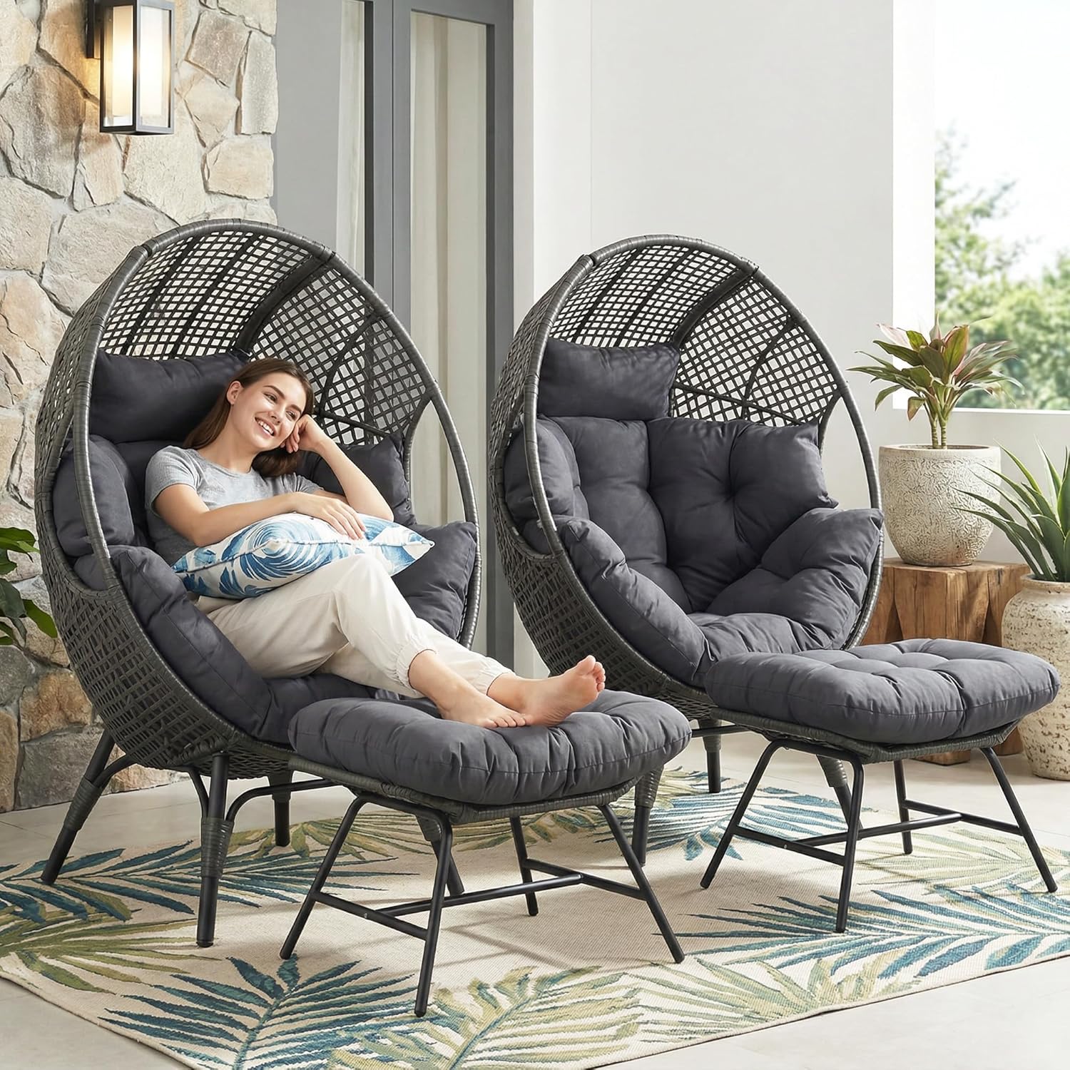 RADIATA 2 pcs Egg Chair with Footrest, Wicker Patio Lounger with Ottoman for 2, Oversized Rattan Egg Shaped Chair with Leg for Indoor Outdoor Patio Balcony Garden (Gray, 2pcs)