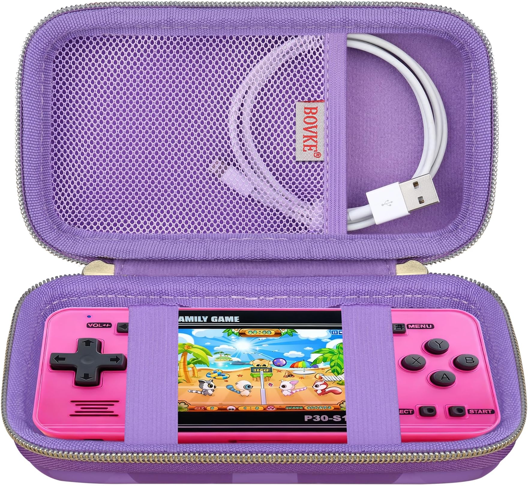 BOVKE Carrying Case for WELLST·G Handheld Game for Kids -Preloaded 220 Retro Video Games, Mini Arcade Electronic Toy Storage Organizer, Extra Mesh Pocket fits Cable, Purple Cube (Case Only)