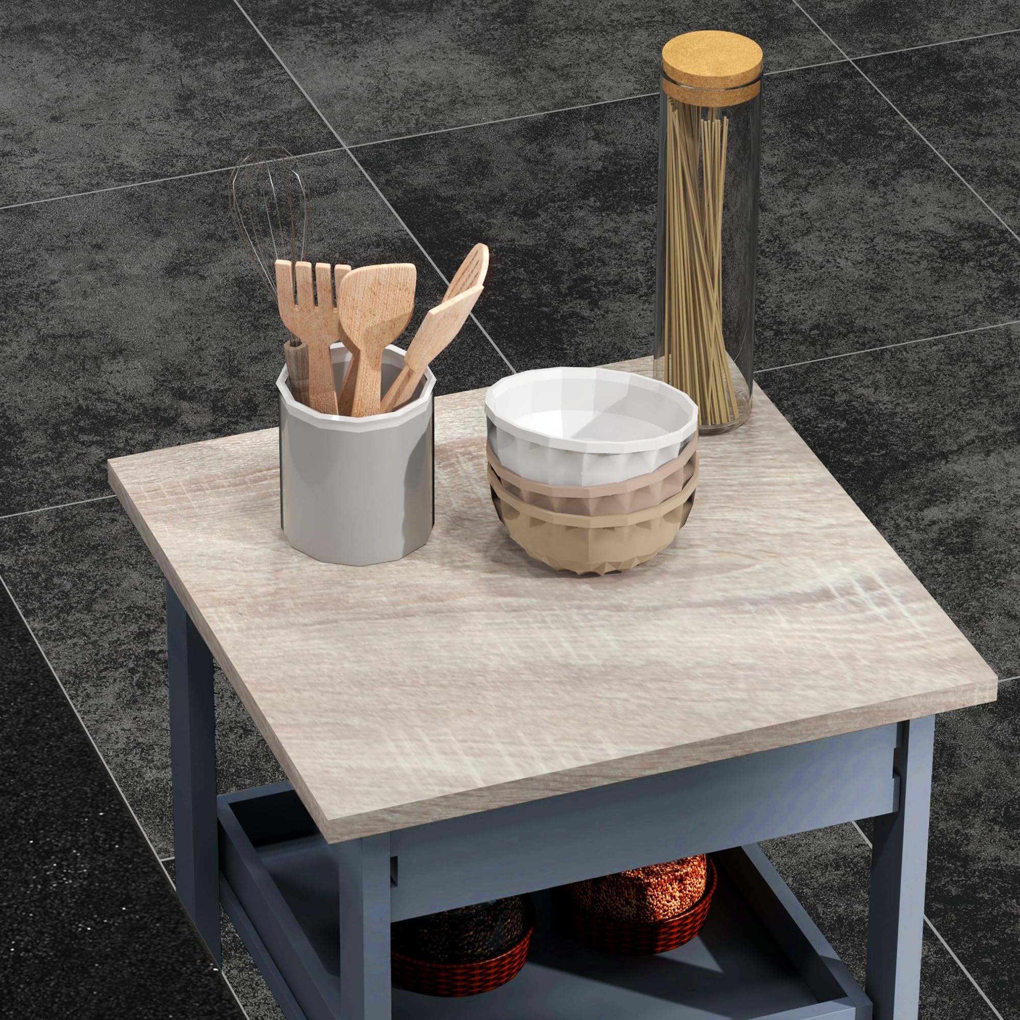 HOMCOM Carrello da Cucina con Cassetto, 2 Vassoi Estraibili e Ripiano Fisso, Carrello Portaoggetti in Legno di Pino e MDF, 37x37x76 cm, Grigio e Rovere