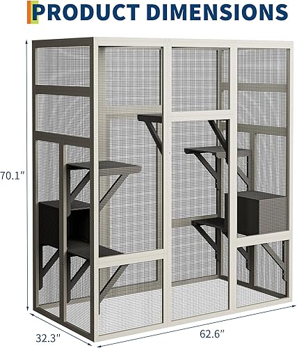 Miniatura 2 de Recinto grande para gatos Catio de 70 pulgadas, patio de madera para gatos con techo impermeable resistente a los rayos UV, refugio para gatos con 5