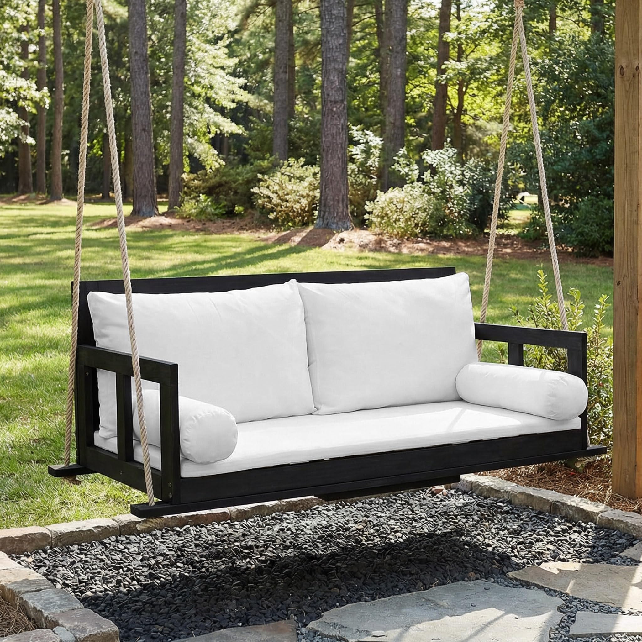 Hängeschaukel Doppelsitz Outdoor mit Kissen, 2-Sitzer Gartenschaukel mit 2 Seilen, Gestell Nicht enthalten, Hängebank für Garten, Terrasse, Balkon, Aus Akazienholz, Schwarz+Beige