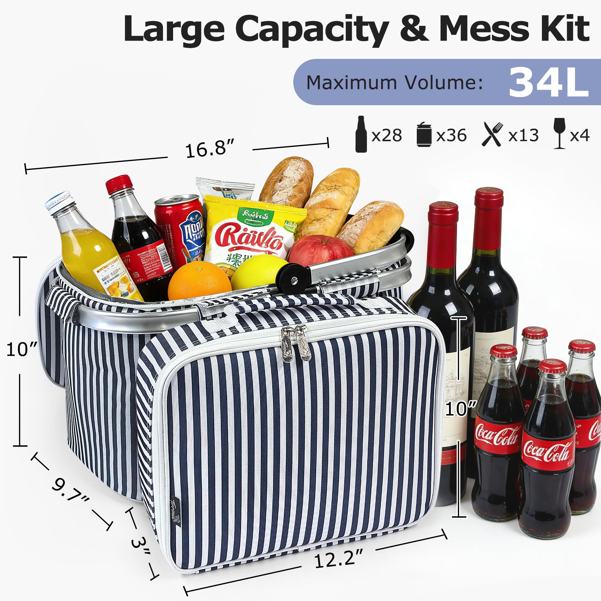Kato Tirrinia 34 L Einkaufskorb faltbar kühltasche mit Deckel, picknickkorb 2 personen mit Bestecktasche, Aluminiumrahmen picnic basket, 42.67×24.6×25.4cm, für Einkäufe, Reisen und Picknick (Streifen)