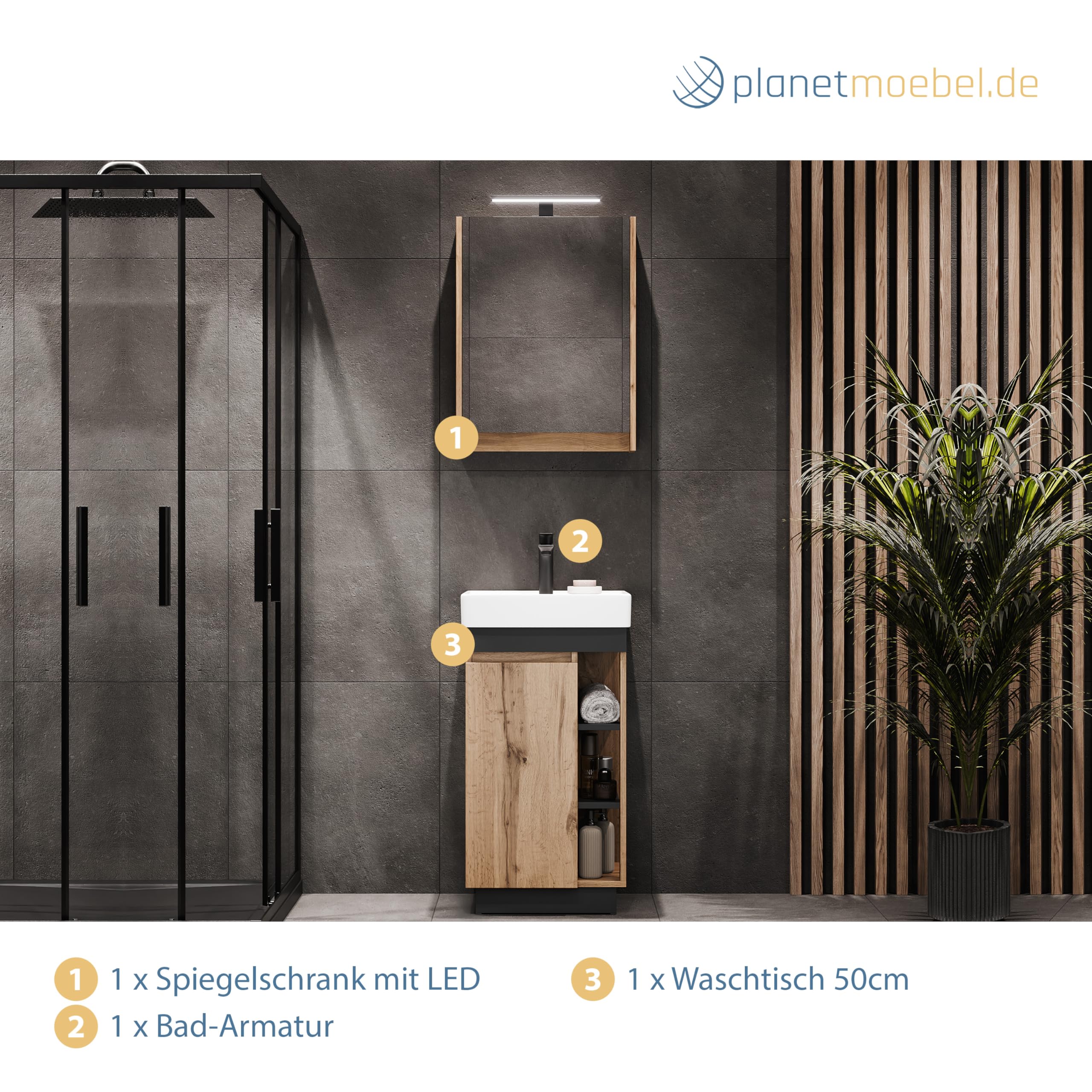Planetmöbel Nyx Badmöbel Set 3-teilig Waschtisch mit Unterschrank 50 x 85,9 x 42 cm Wotan Eiche/Anthrazit inkl. Spiegelschrank 50 x 65 x 11,4 cm mit LED Aufbauleuchte & Bad-Armatur in schwarz