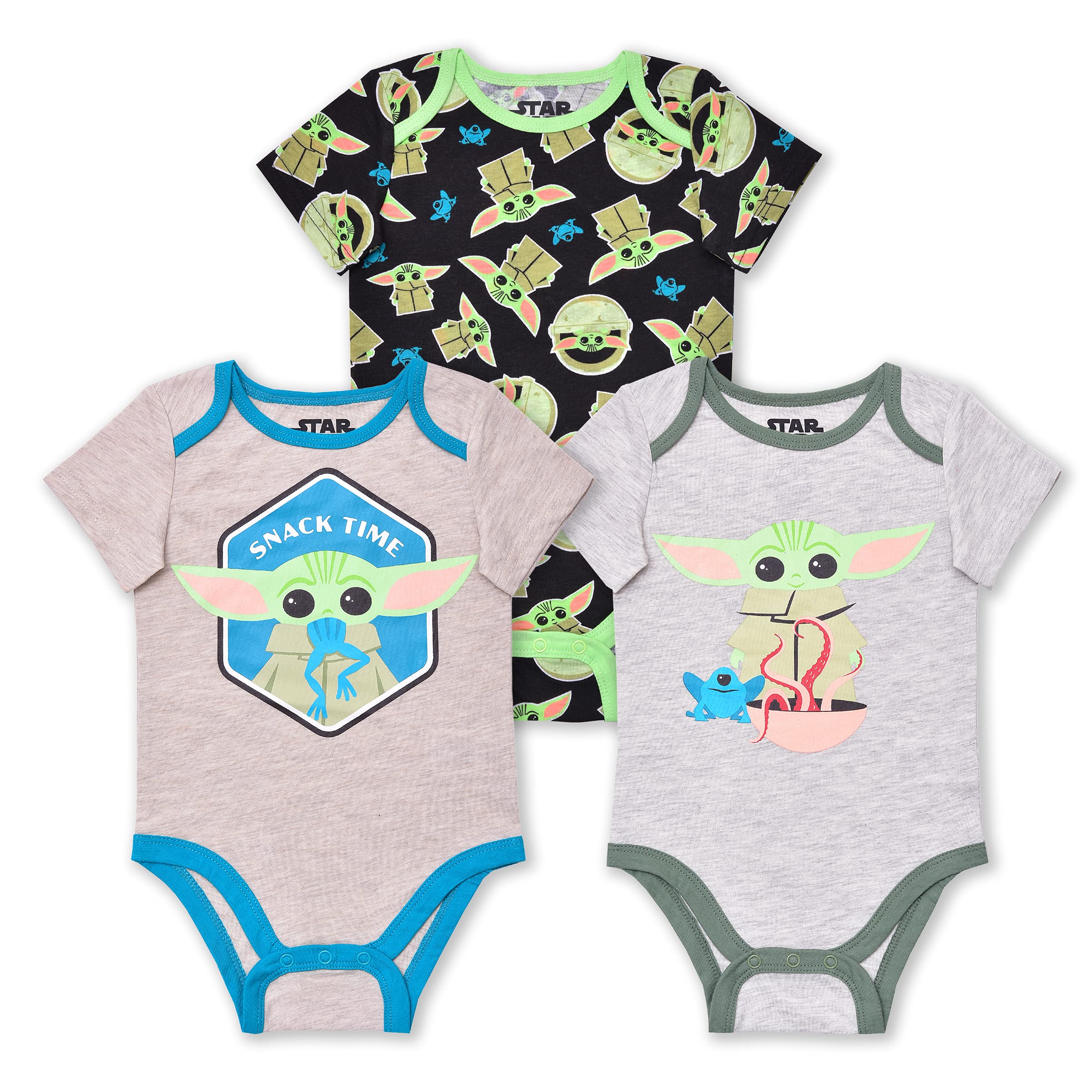 STAR WARS Baby Yoda Boys’ 3 Pack Bodysuit for Newborn and Infant – Black/Grey