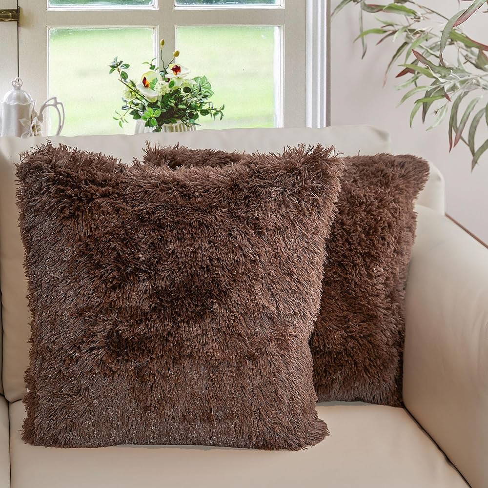 Cheer Collection Throw Pillows for Couch and Bed, Soft Shaggy Throw Pillows with Inserts Included, Cozy Long Hair Faux Fur Pillows - Set of 2-18" x 18" - Chocolate