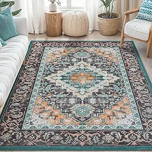 Lofus 5x7 Area Rugs for Living Room, Washable Area Rug, Rugs for Bedroom, Kitchen, Vintage Boho Carpet, Soft Non-Slip, Low Pile Large Area Rug for Office Dining Room, Floral Green