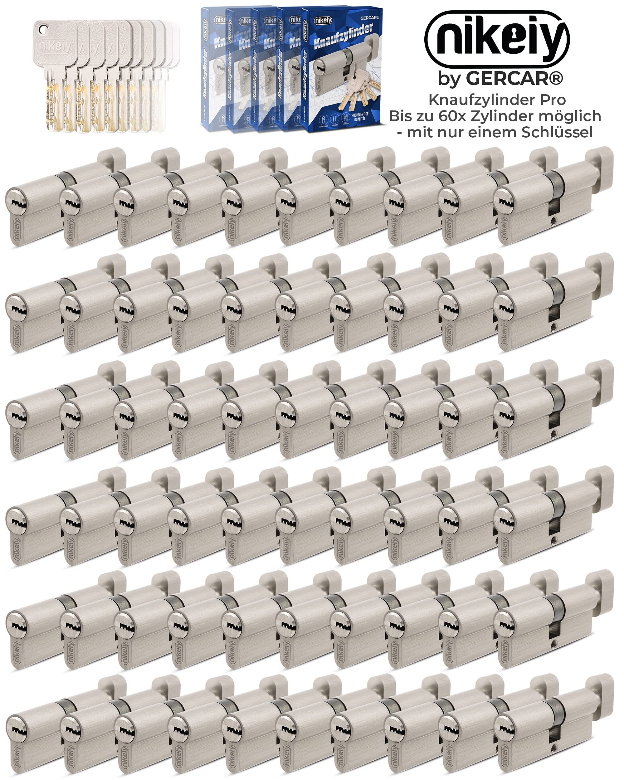 GERCAR Pro Lot de 2 cylindres à bouton à fermeture identique 30/30 - Avec bouton - Avec 10 clés - Serrures de porte à cylindre - Longueur : 60 mm - A : 30, B : 30 - En laiton mat massif