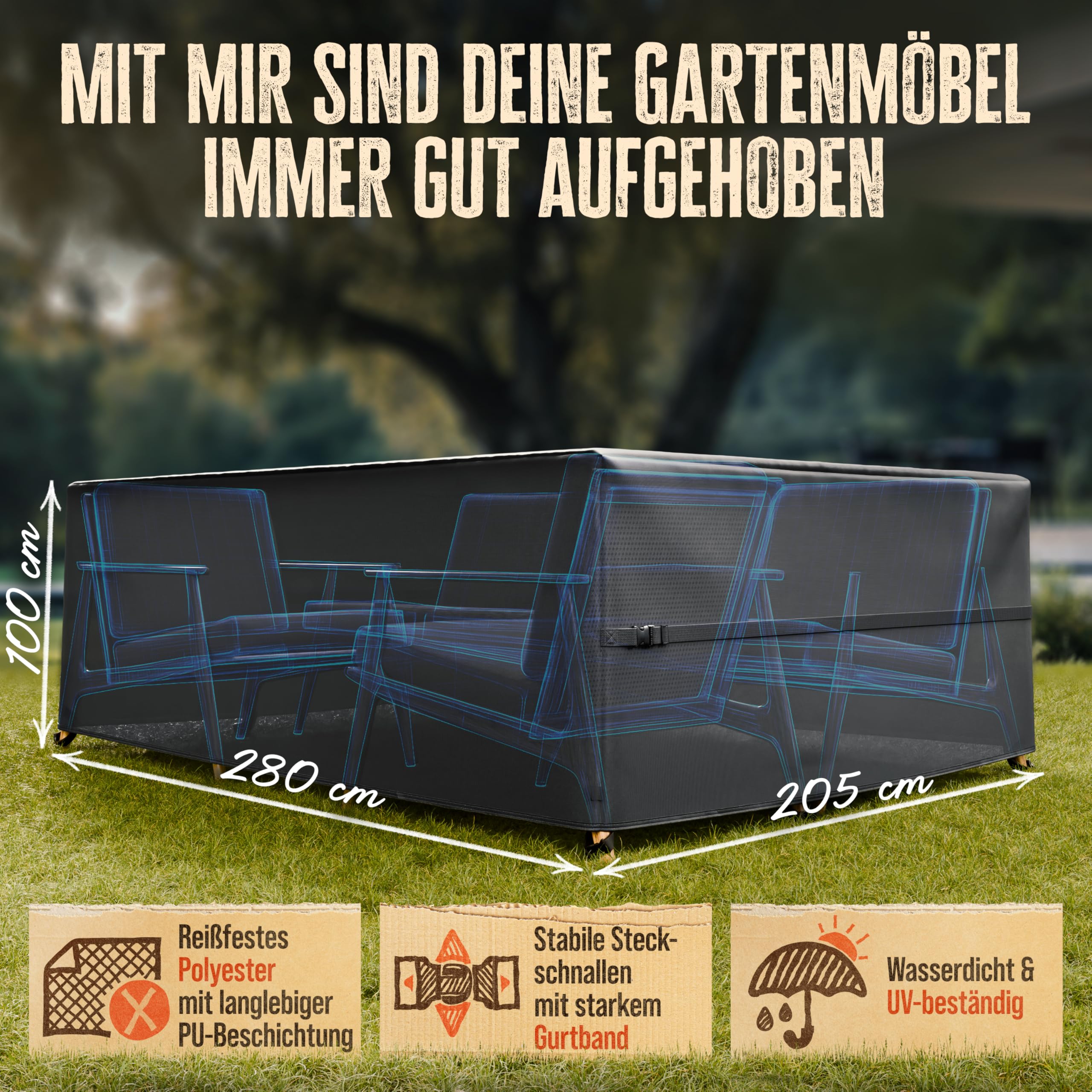 AMZBBQ® Premium Gartenmöbel Abdeckung – 280 x 205 x 100 cm – 100% wasserdichte Abdeckplane, Winterfeste Abdeckhaube für Gartentisch & Stühle, Wetterfeste & UV-beständige Schutzhülle, reißfeste Plane
