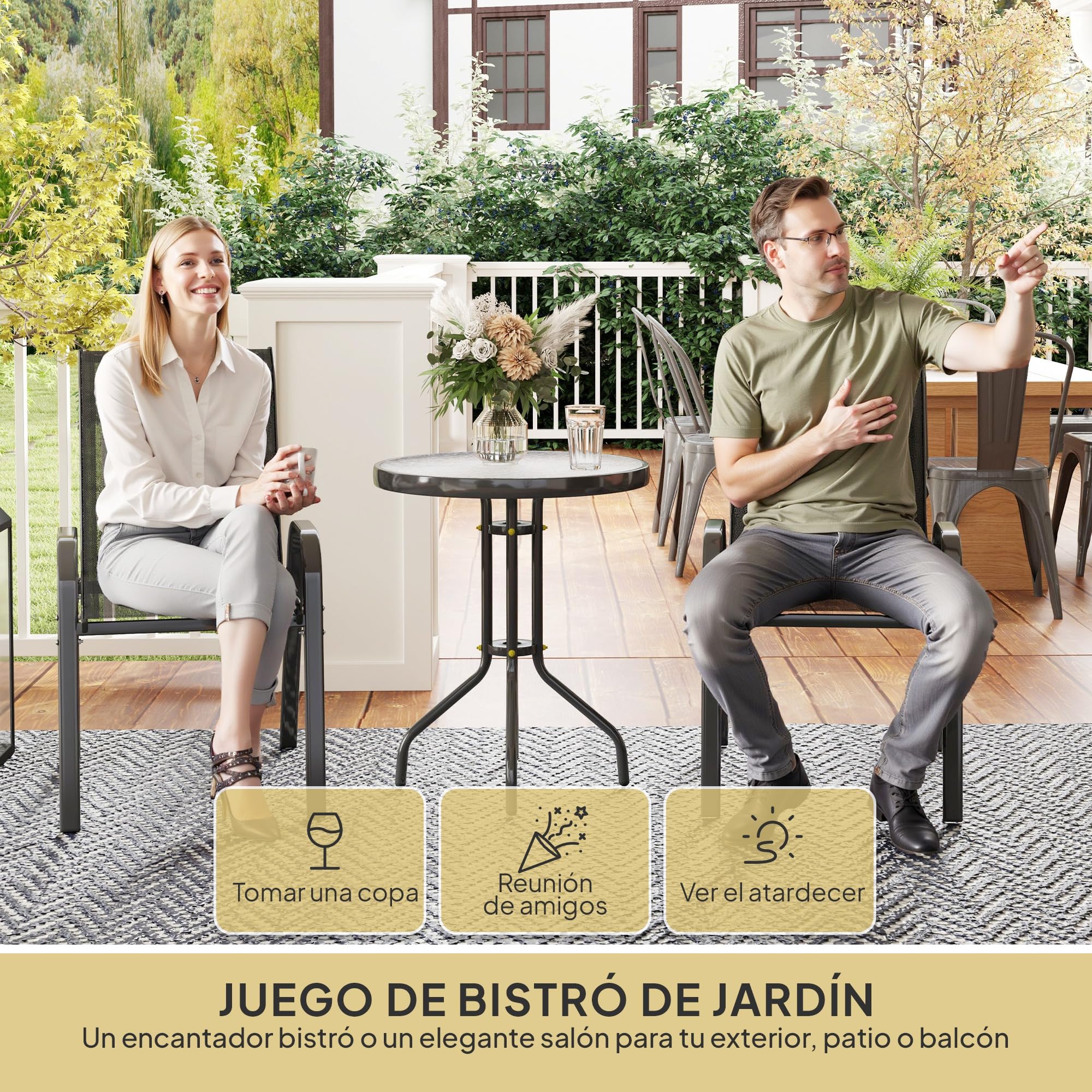 Outsunny Conjunto de Mesa y Sillas de Terraza Exterior de 3 Piezas, Muebles de Jardín Exterior con Sillas Apilables, Encimera de Vidrio y Estructura de Acero, para Patio, Negro