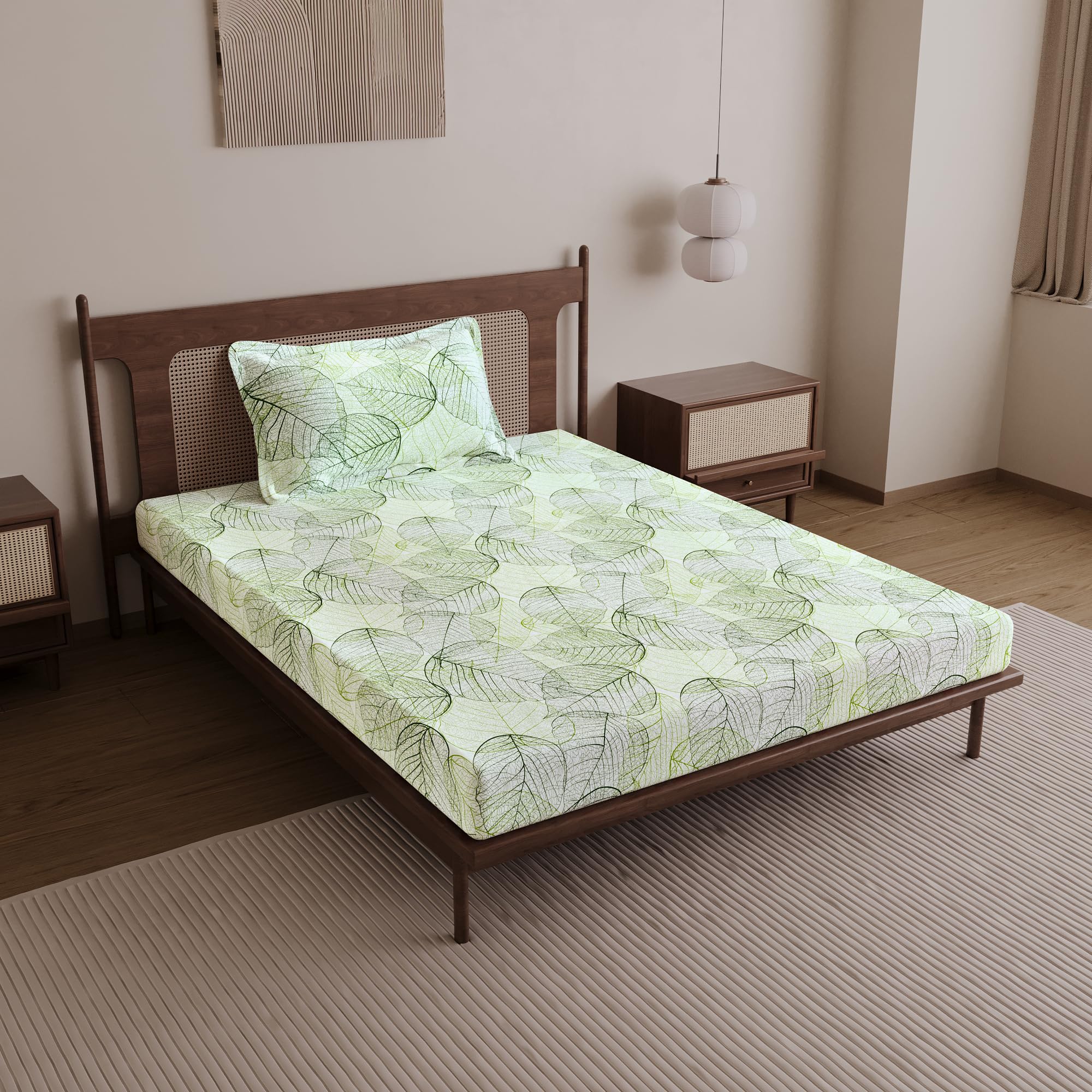 Divine Casa 100% Cotton Bedsheet for Single Bed with 1 Pillow Cover | Soft Comfortable Breathable Bedding Set | Wrinkle Free 144 TC Cotton Fabric | 145 x 223 cm (Sage Green, Floral)