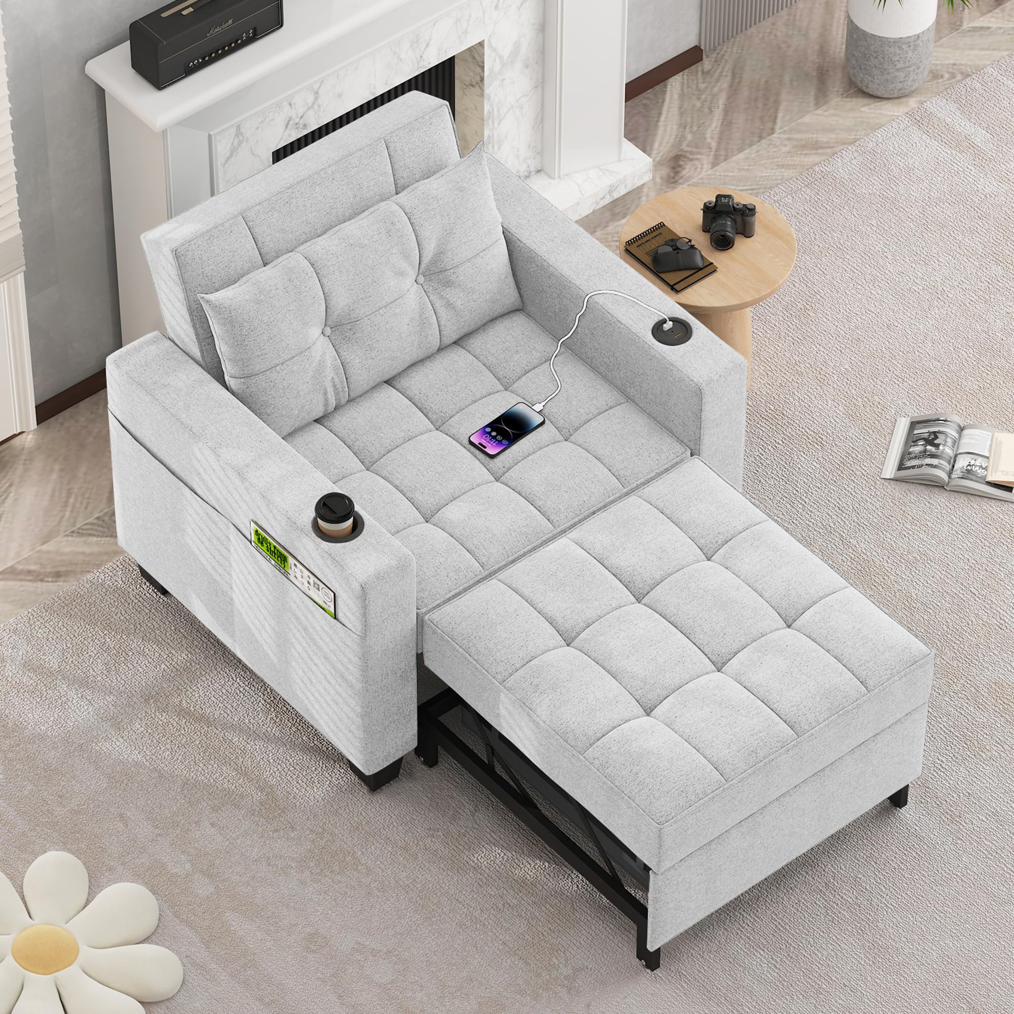 DURASPACE Pull Out Sofa Bed 3-in-1 Convertible Sofa Sleeper Chair Bed with USB, Cup Holder, Adjustable Armchair Beds for Small Spaces, Apartment,