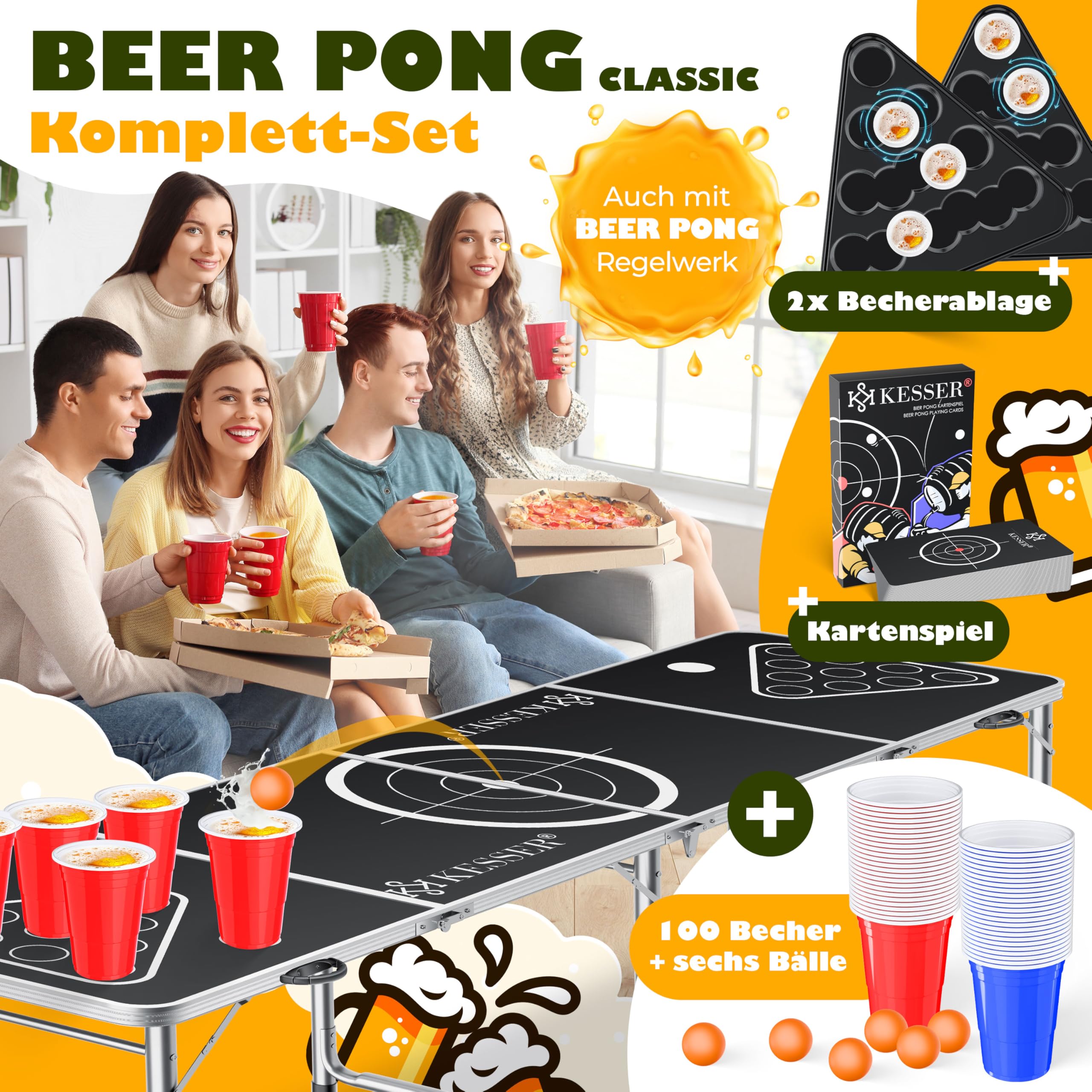 KESSER® Beer Pong Set da Tavolo con Gioco di Carte, con 100 Bicchieri (50 Rossi e 50 Blu), 6 Palline + Set di Regole, Tavolo per Feste, Regolabile in Altezza, Classic + Carte