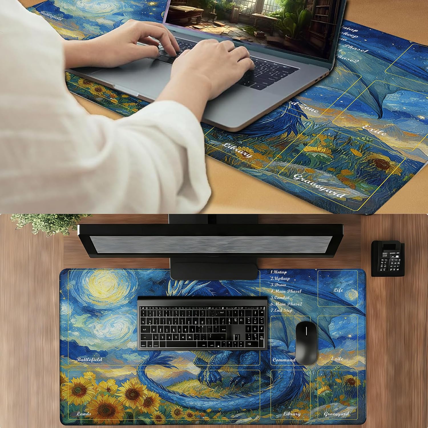 MTG Playmat, TCG Card Game Mat 24x14 Inch, Stitched Edge-Locking, Non-Slip Rubber Play Mat for Magic The Gathering, Trading Card Game Tabletop Mat (Van Gogh's Blue Dragon,with Zone)