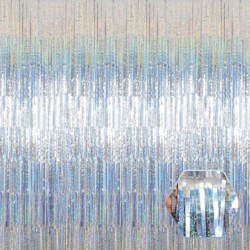 Paquete de 3 cortinas de flecos de papel de aluminio plateado, 3.28 pies x 8.2 pies, cortinas metálicas de oropel con flecos para cabina de fotos,