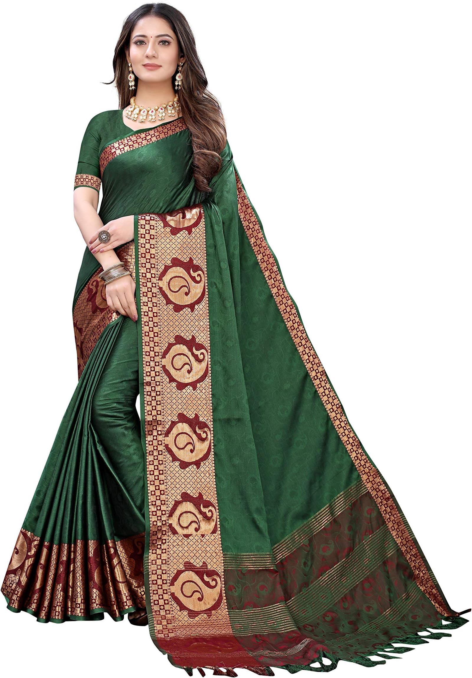 GoSriKi Women's Silk Printed Saree With Blouse Piece (JOVILA GREEN_GO FREE SIZE)
