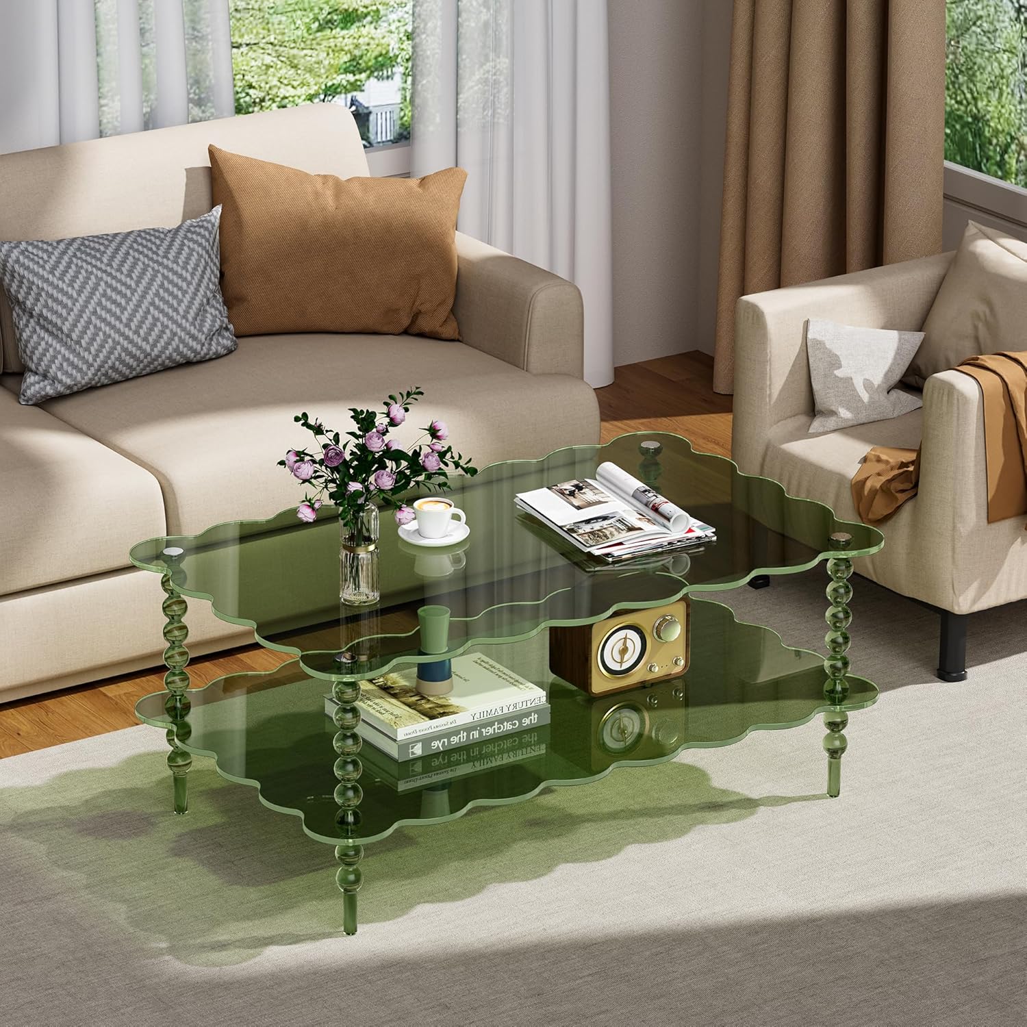 Acrylic Coffee Table, 2-Tier Living Room Table with Storage, Center Table Mid-Modern Century for Living Room, Easy to Assemble (Green, 37.8“×23.6“×15.7”)