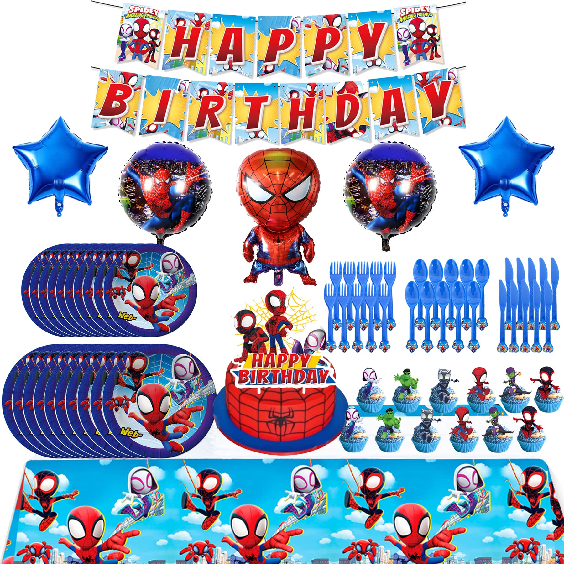 Spidey And His Amazing Friends Spider Party Supplies Birthday Decorations, Spider Party Favors - Banner, Plates, Tablecloth, Cake Topper, Knife, Fork, Spoon and Foil Balloon for Kids Themed Party Boys and Girls