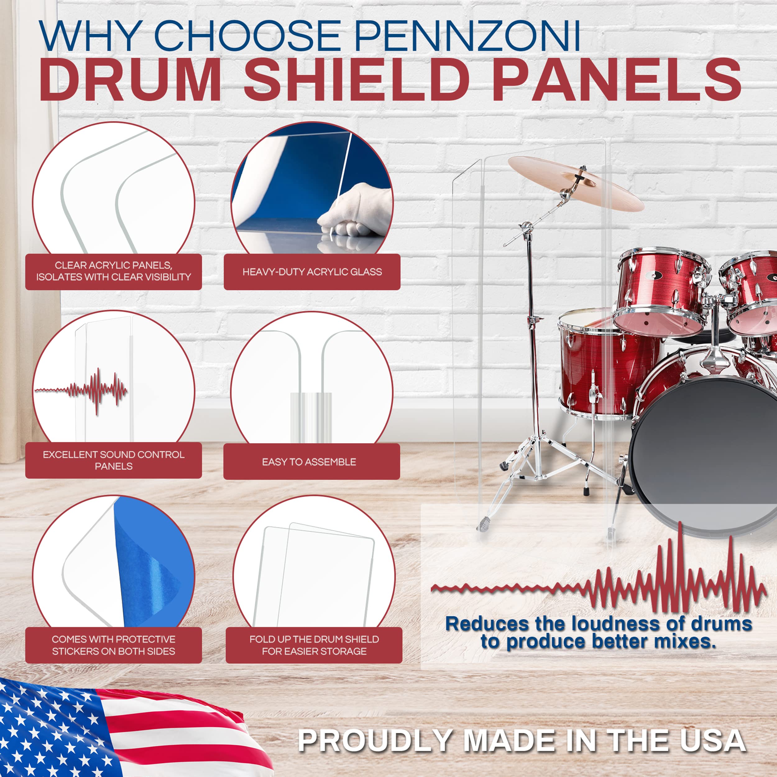 PENNZONI Drum Shield 5ft w/Plastic Hinges, Comes w/ 4 Drum Panels & Plastic Hinges, Premium Clear Acrylic Panels, Drum Screen