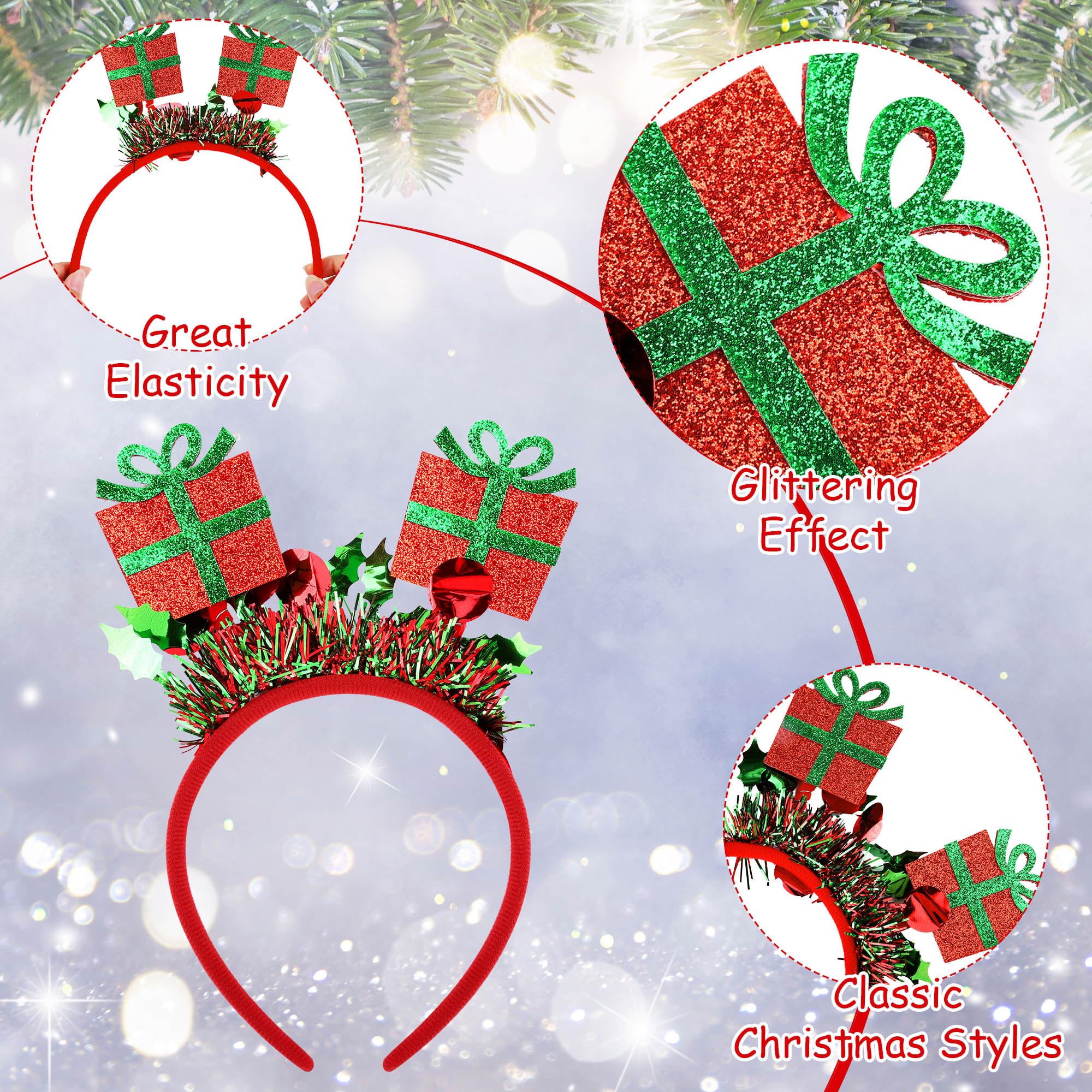 Aodaer 8 Pack Christmas Glitter Headbands Xmas Costume Headwear Assorted Styles Snowman Xmas Tree Gift Hair Hoops for Christmas Party Favors - Image 3