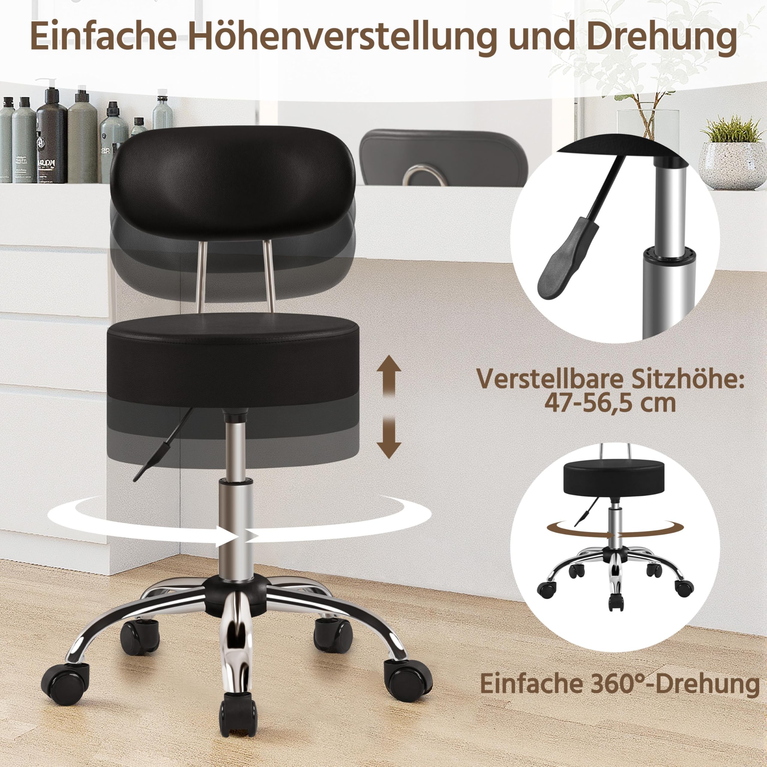 Yaheetech Rollhocker Arbeitshocker mit Rückenlehne Höhenverstellbarer 75.5-85cm,Drehhocker mit Rollen,Abnehmbare Rückenlehne,10 cm Dicke Polsterung,Schwarz