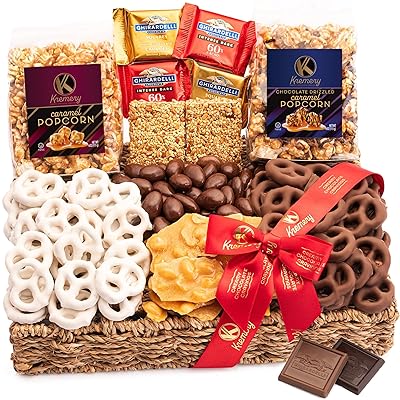 KREMERY Creamy Chocolate Cravings - Holiday Christmas Chocolate Covered Pretzels & Caramel Popcorn Gift Basket, in Seagrass Tray + Ribbon (Premium, 2.5 lbs) Xmas Treats Food Arrangement, Kosher