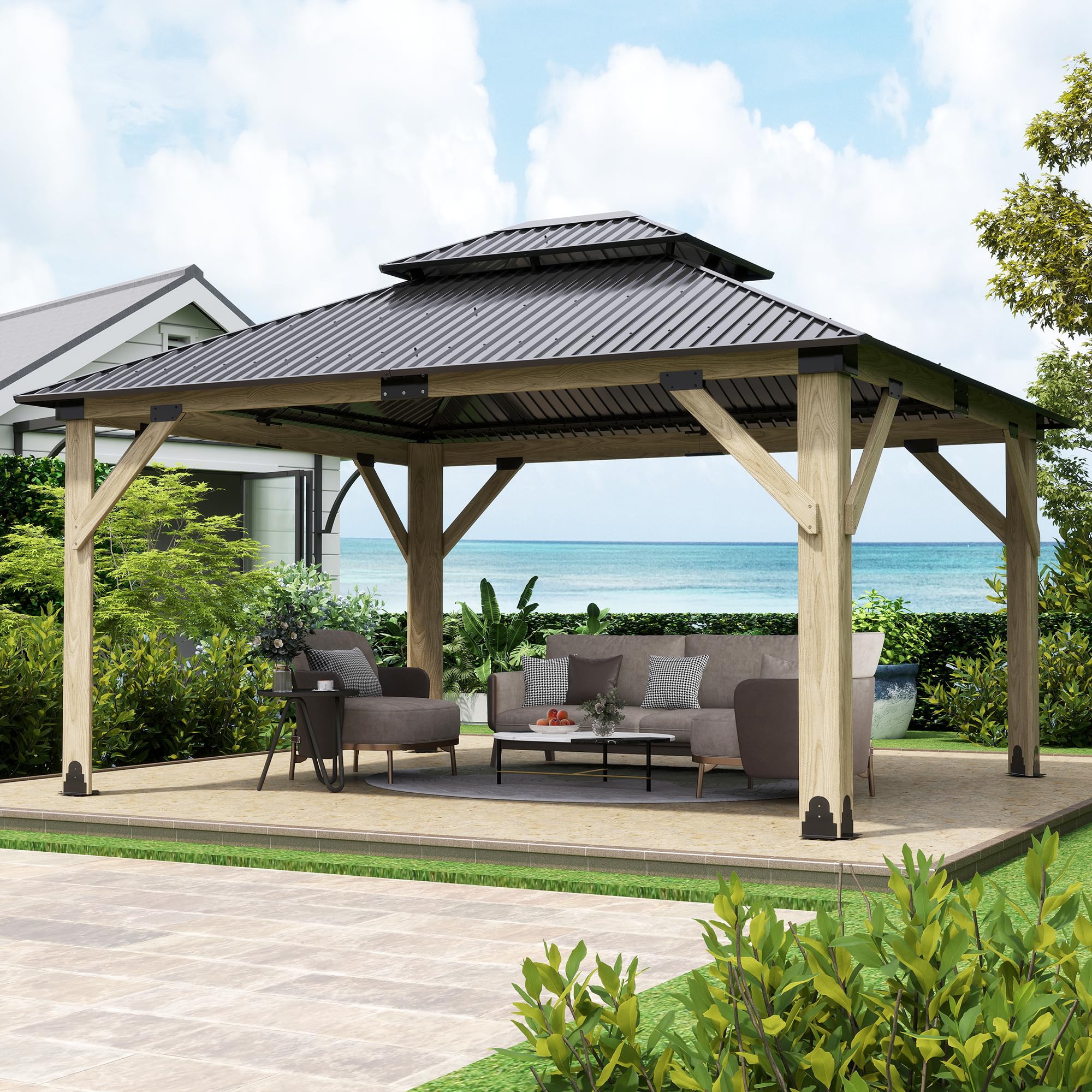 13x15 ft wood gazebo,outdoor wooden hardtop gazebo with galvanized steel doule roof,cedar wood frame gazebos patio backyard (incomplete) 