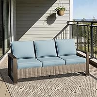 Vista 8 de Joyside Sofá de mimbre para patio al aire libre, sofá de ratán de 3 plazas con cojines gruesos de olefina y reposabrazos rectangular con marco