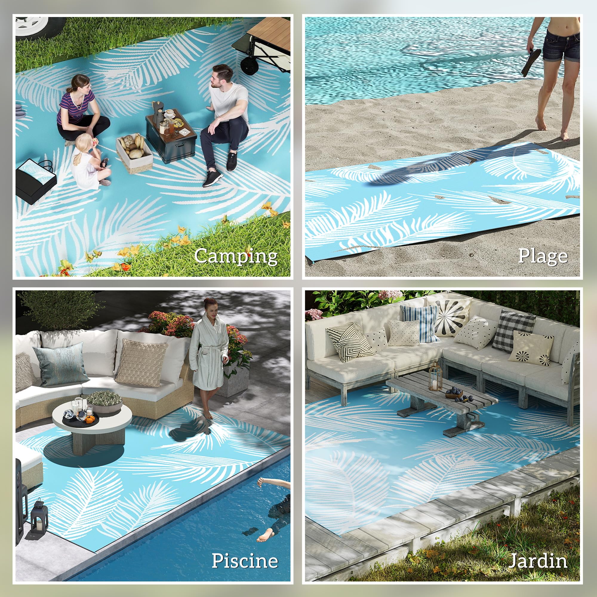Outsunny Tapis d'extérieur réversible 274x182 cm, Tapis de Sol en PP, Portable et résistant aux intempéries, Sac de Transport Inclus, pour terrasse, Patio, Balcon, Bleu