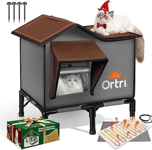 Outdoor Heated Cat House for Outside: Winter Insulated Weatherproof 20"×14.3"×20.5" Shelter with Heating Pad for Feral Kitty Foldable Out Door Elevated Warm Pet Bed with Extra Large Warming Cathouse